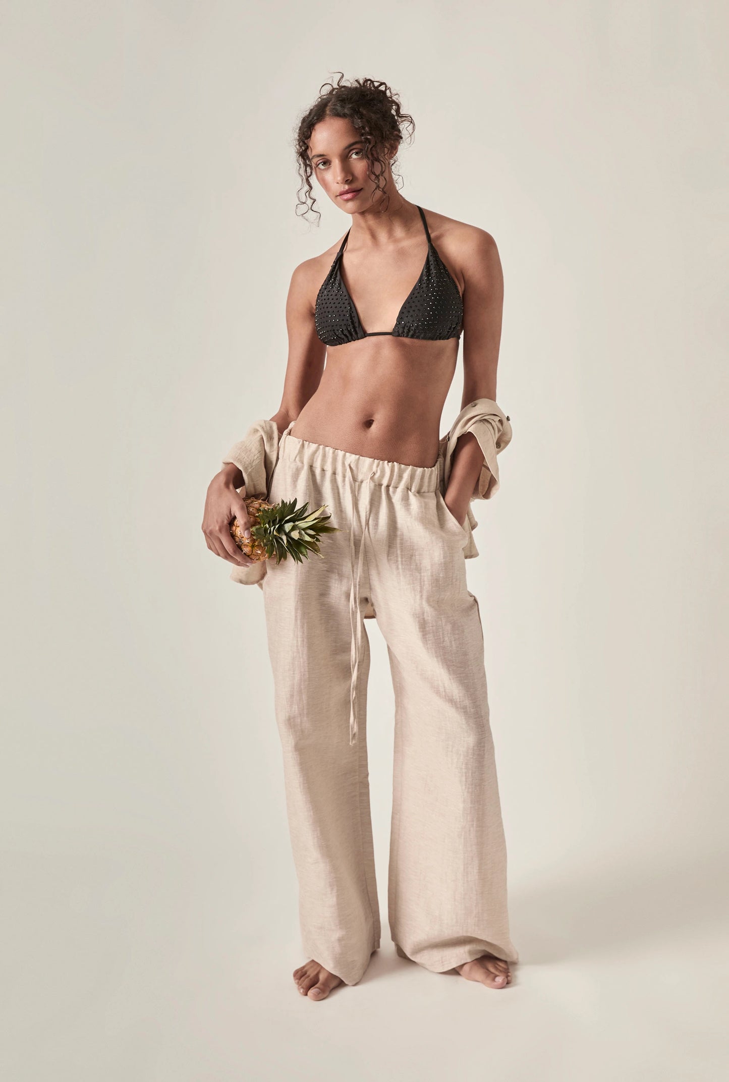 Linen Blend Beige Drawstring Trousers