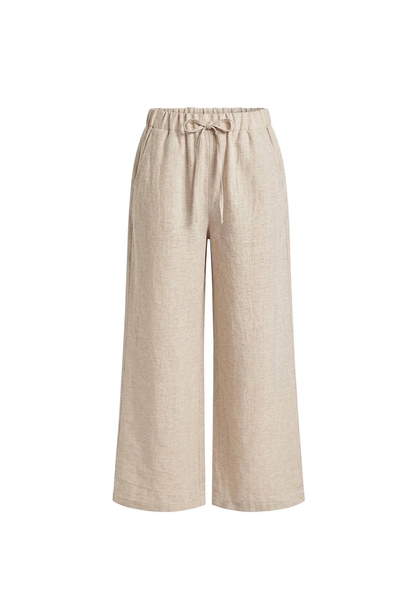Linen Blend Beige Drawstring Trousers