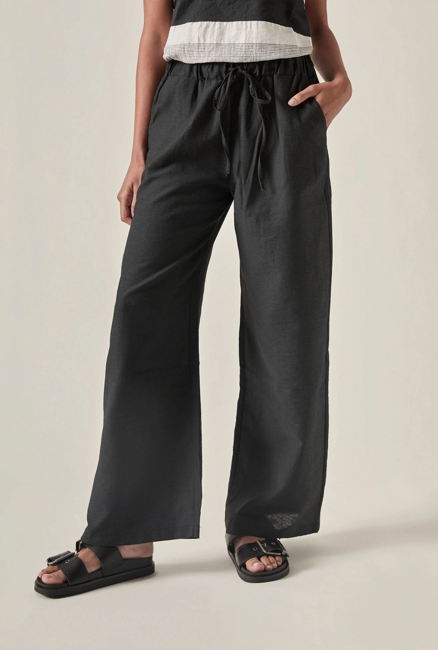 Linen Blend Black Drawstring Trousers