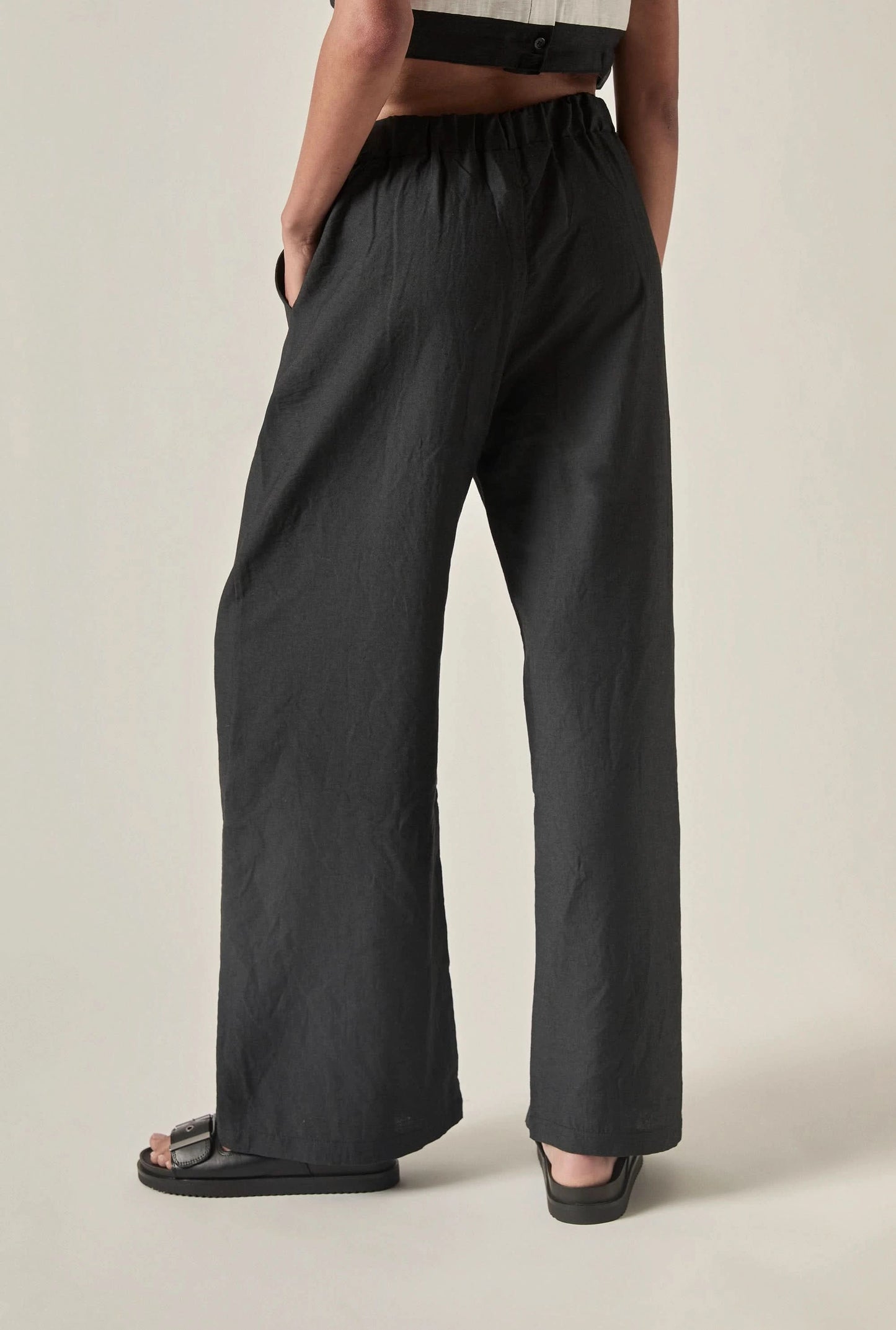 Linen Blend Black Drawstring Trousers