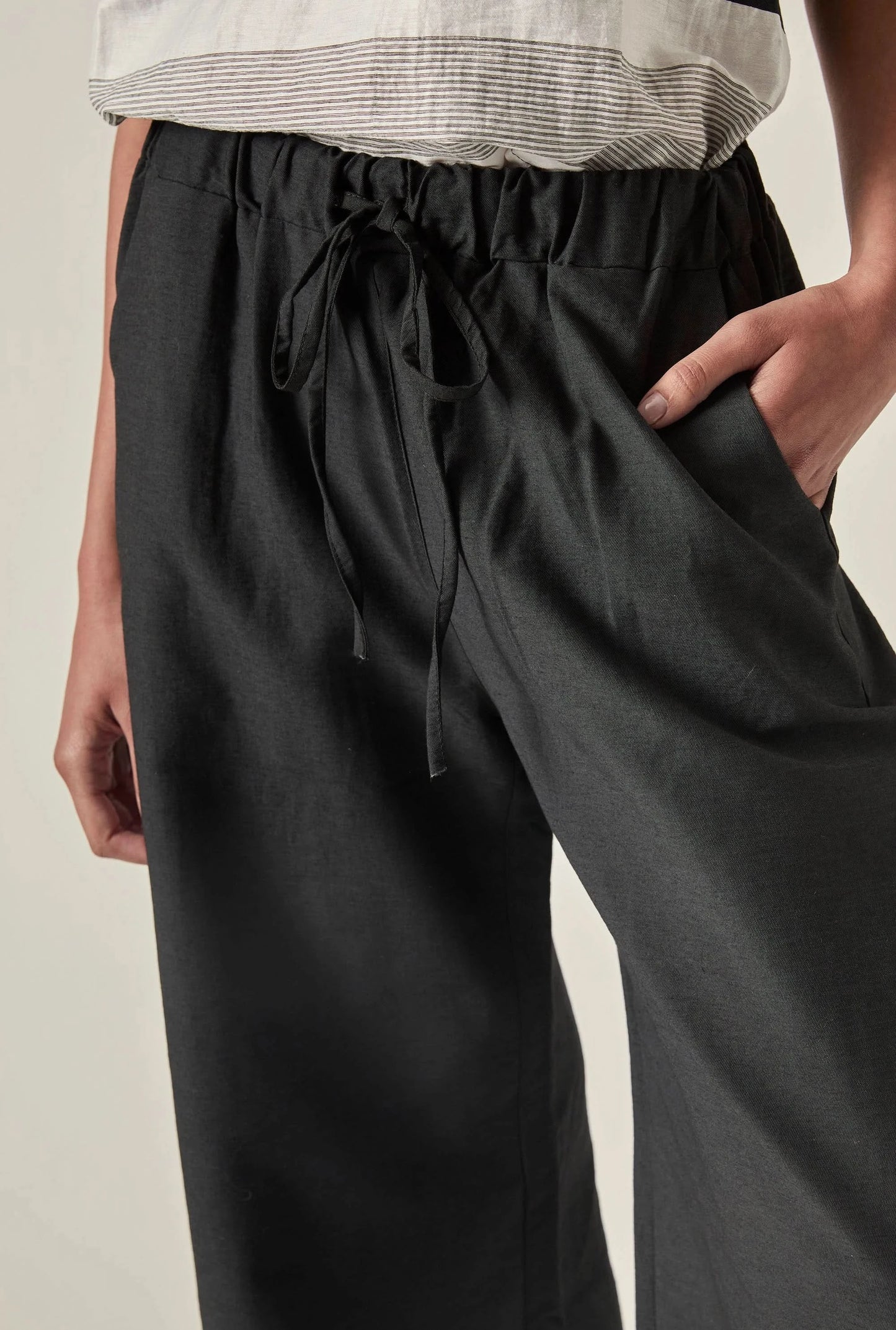Linen Blend Black Drawstring Trousers