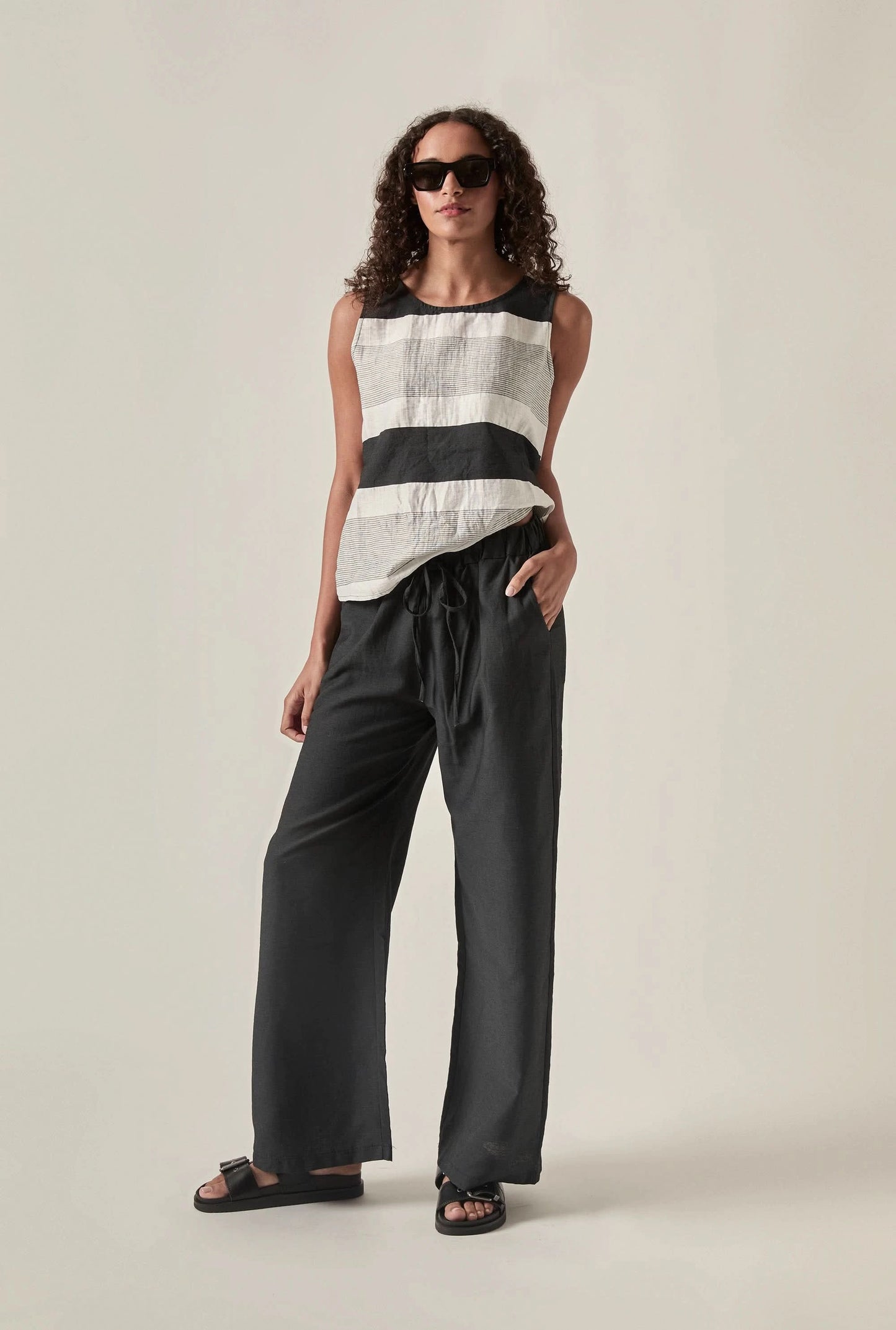Linen Blend Black Drawstring Trousers