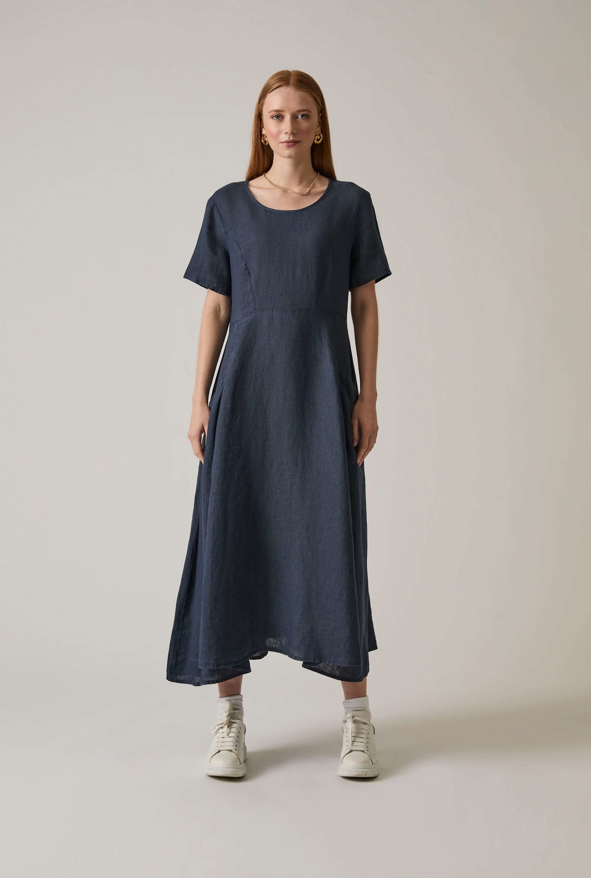 Linen Navy Pocket Midi Dress Navy Linen Dress with Pocket Detail James Lakeland Linen Navy Pocket Midi Dress Navy Linen Dress with Pocket Detail James Lakeland