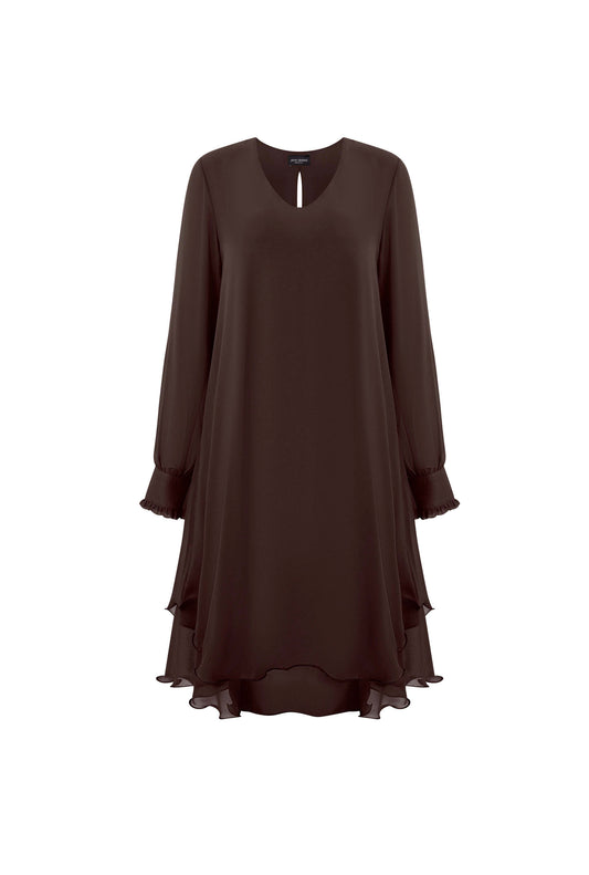 Long Sleeve Brown Wave Hem Dress