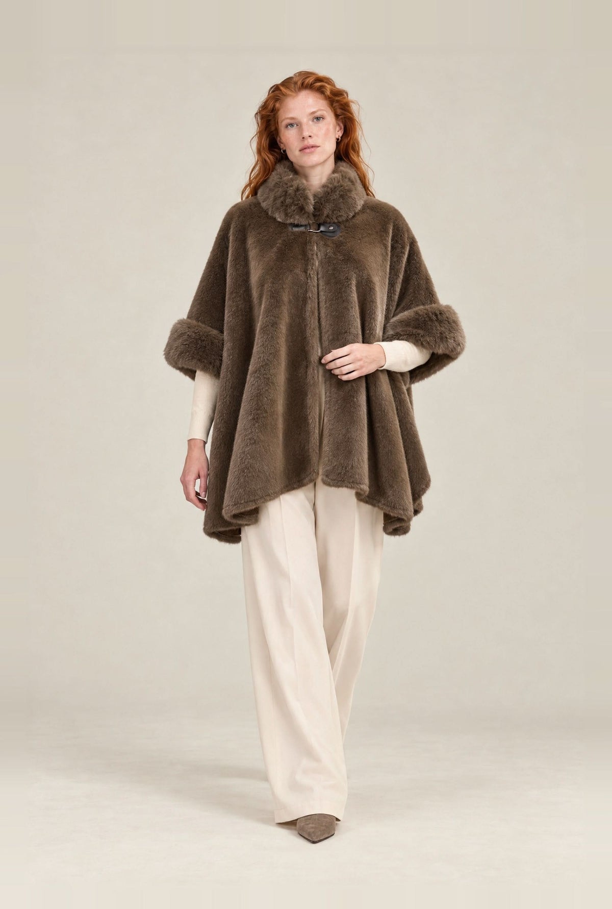 Mocha Brown Faux Fur Buckle Cape