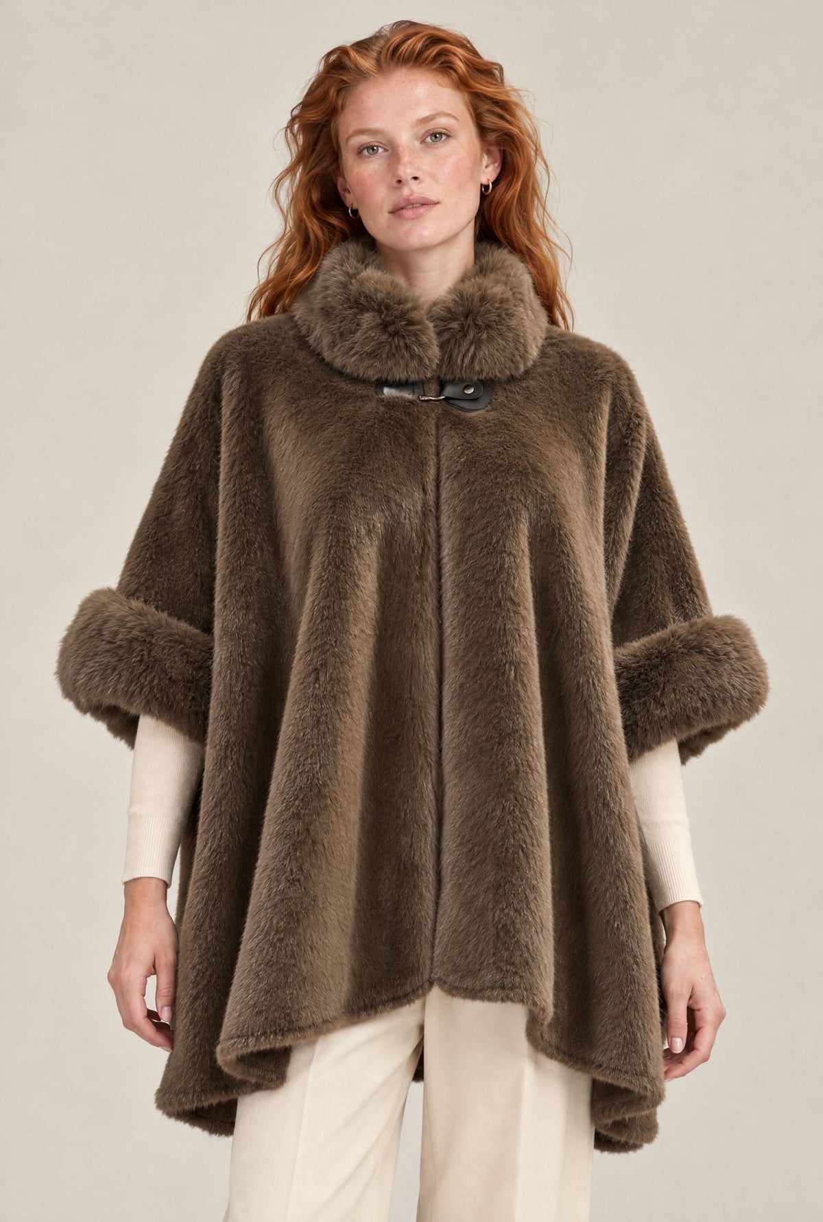 Mocha Brown Faux Fur Buckle Cape