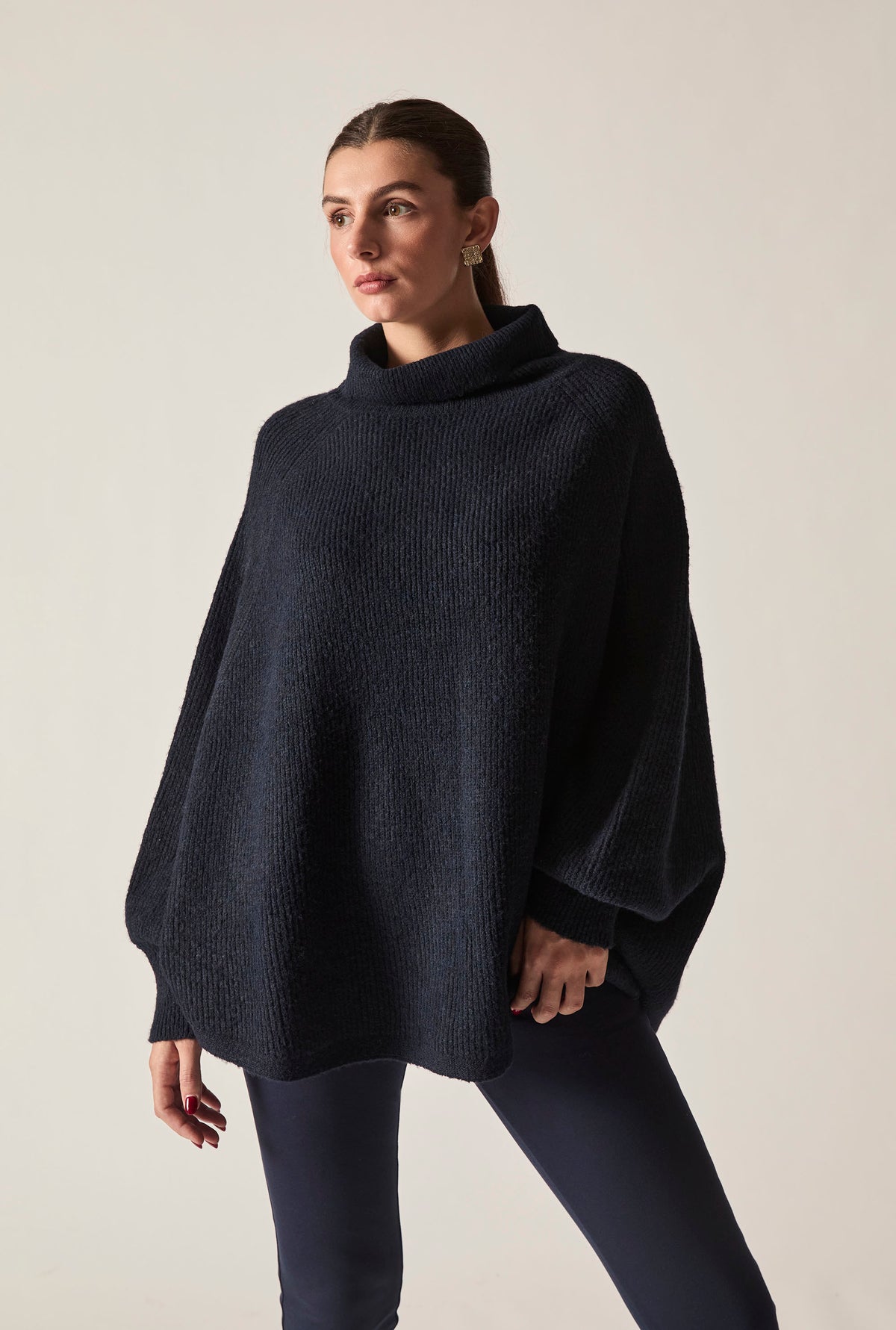 Navy Balloon Sleeve Roll Neck Jumper
