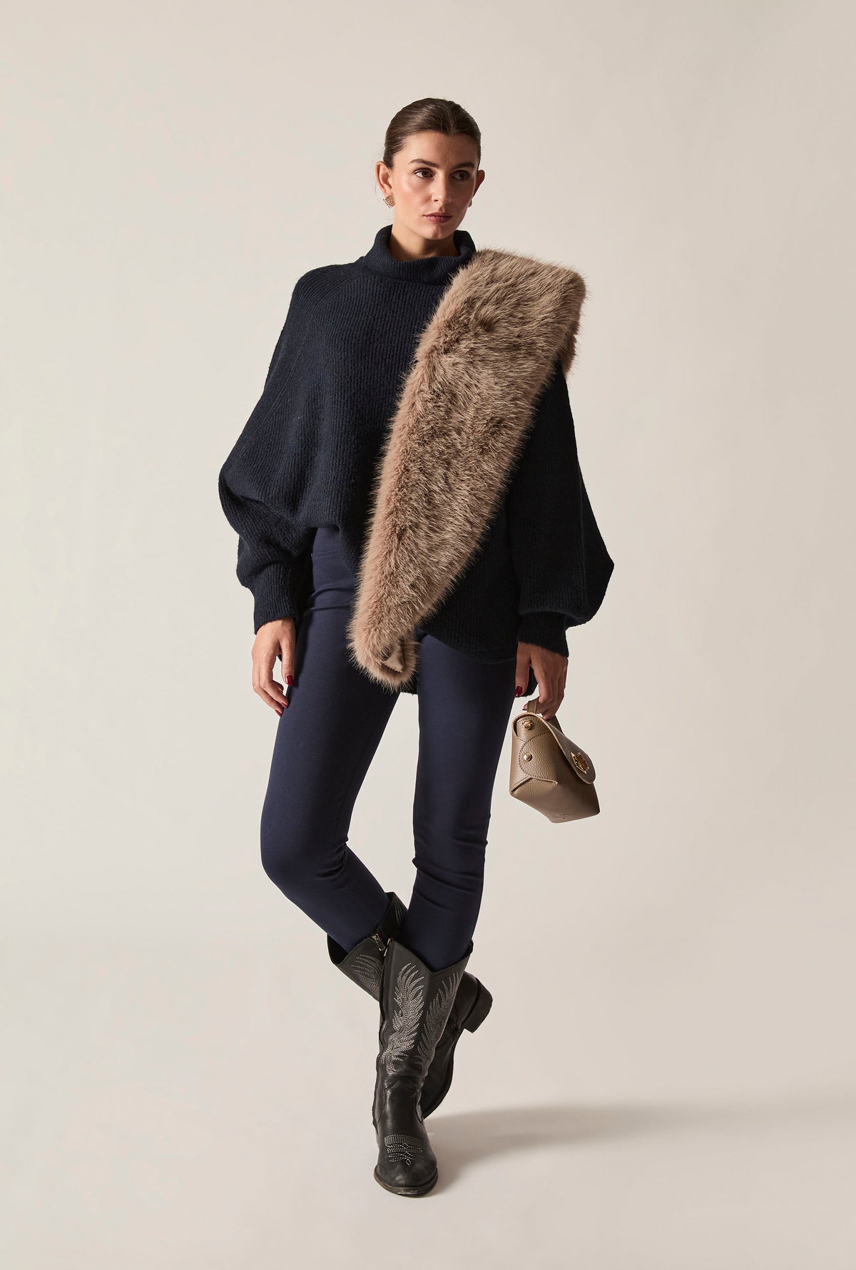 Navy Balloon Sleeve Roll Neck Jumper
