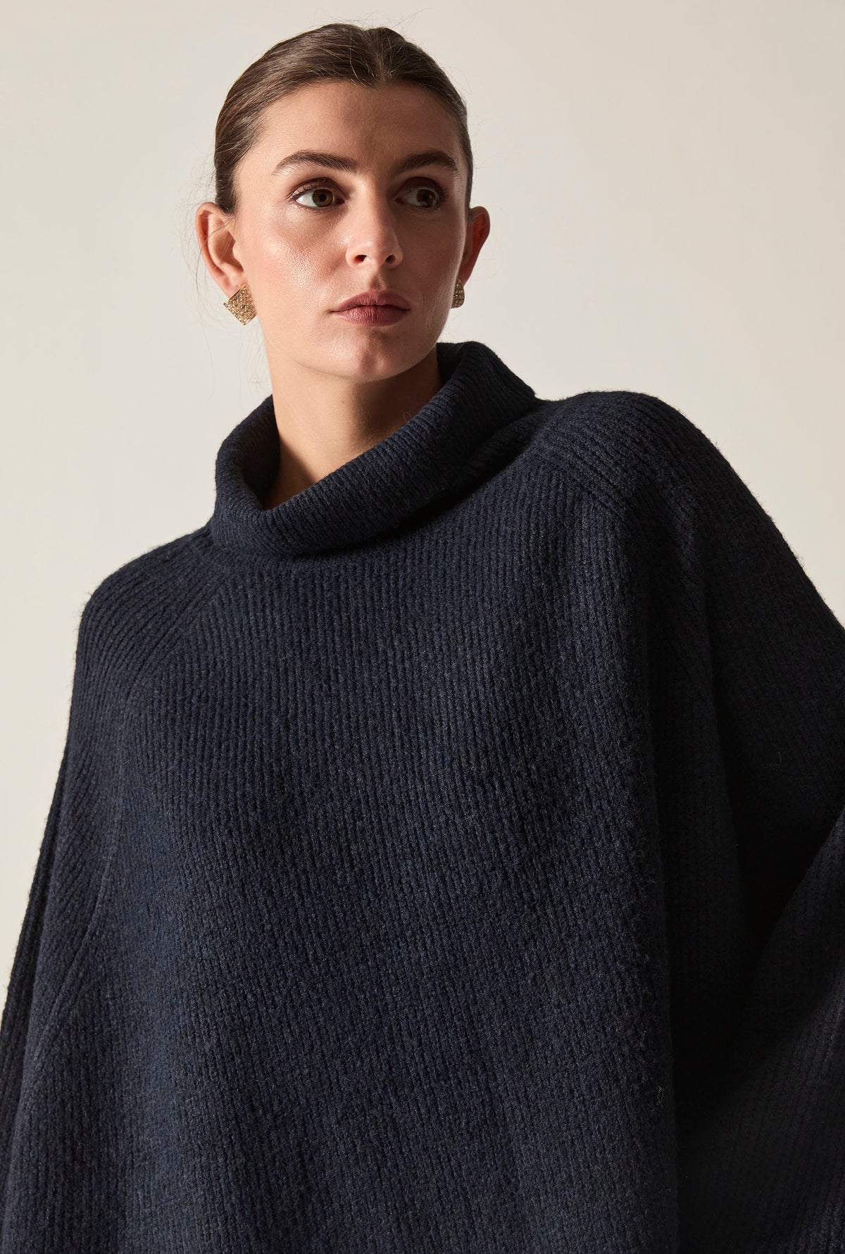 Navy Balloon Sleeve Roll Neck Jumper