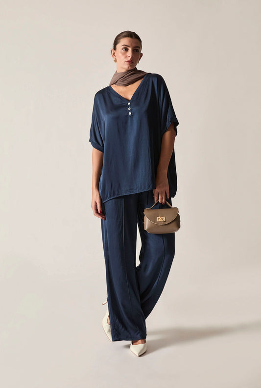 Navy Button Detail Relaxed Fit Top