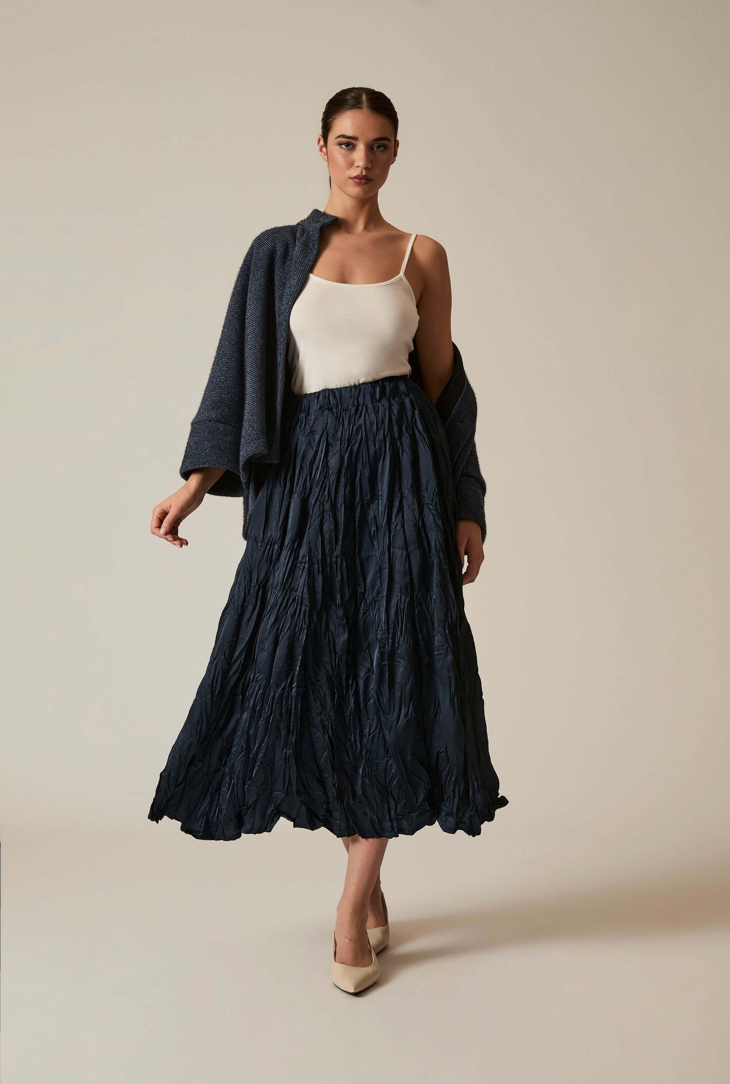 Navy Crinkled Maxi Skirt