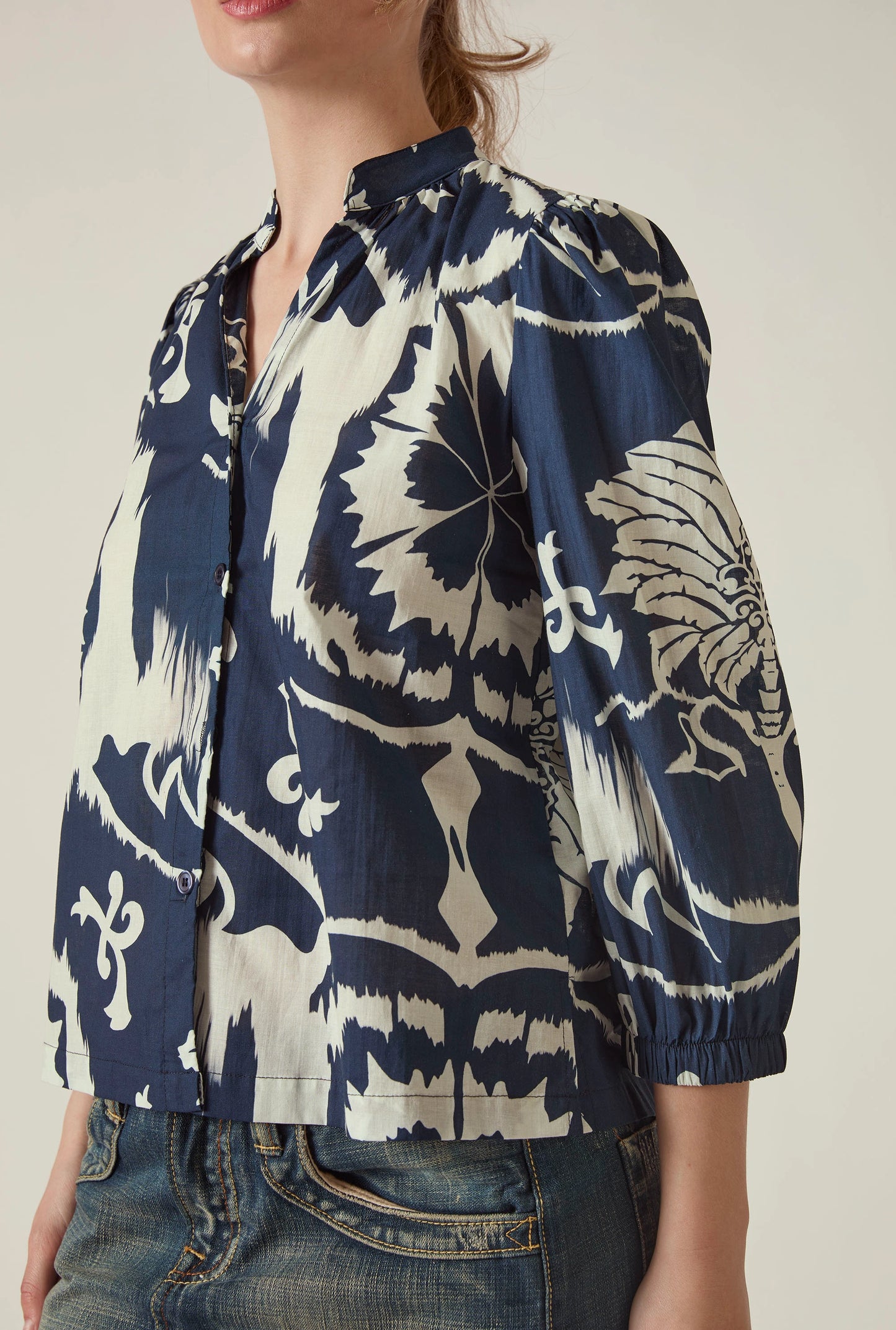 Close up of the Ornamental Print Shirt in Navy and Cream by James Lakeland showing the detailed ornamental print