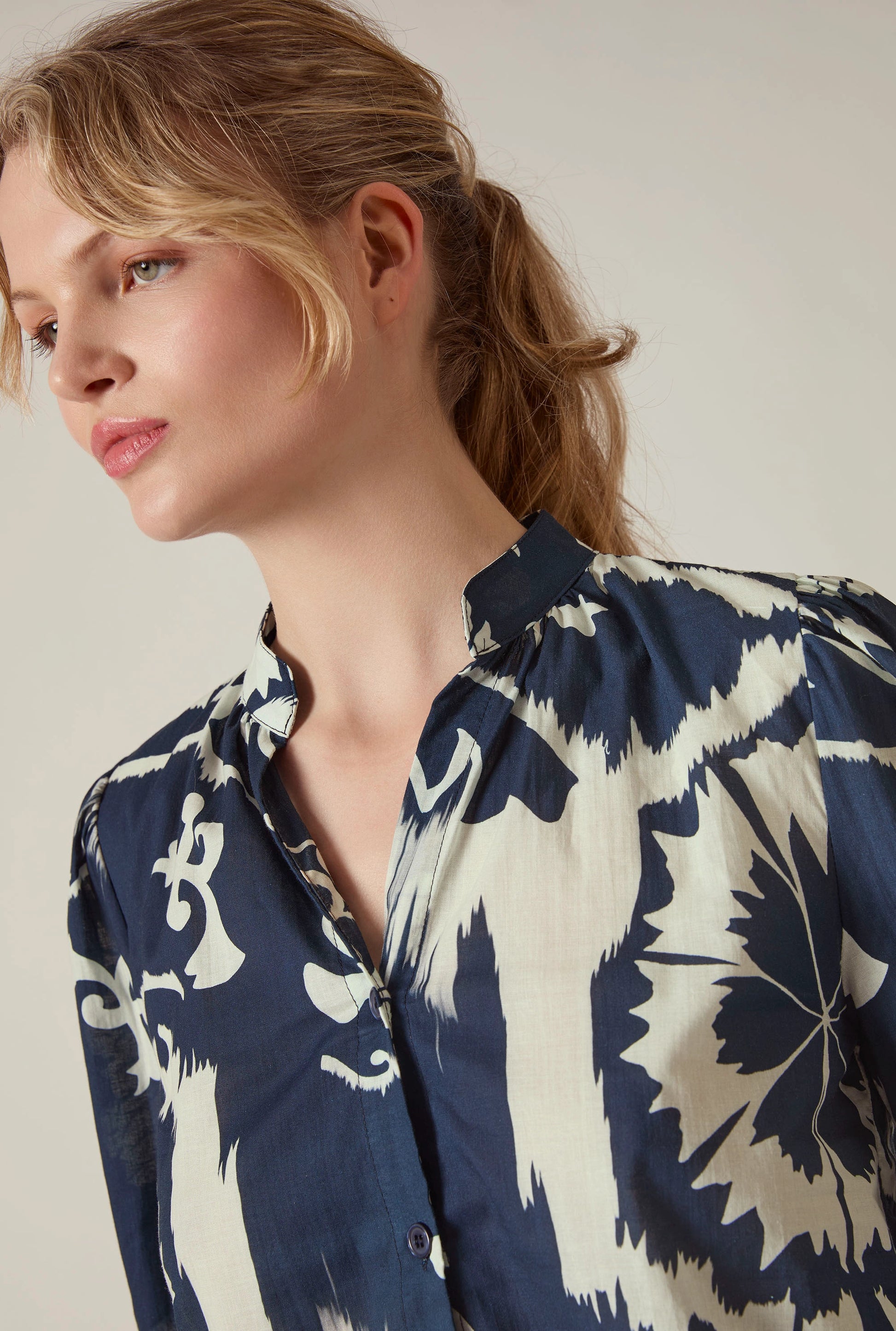 Close up of the Ornamental Print Shirt in Navy and Cream by James Lakeland showing the detailed ornamental print