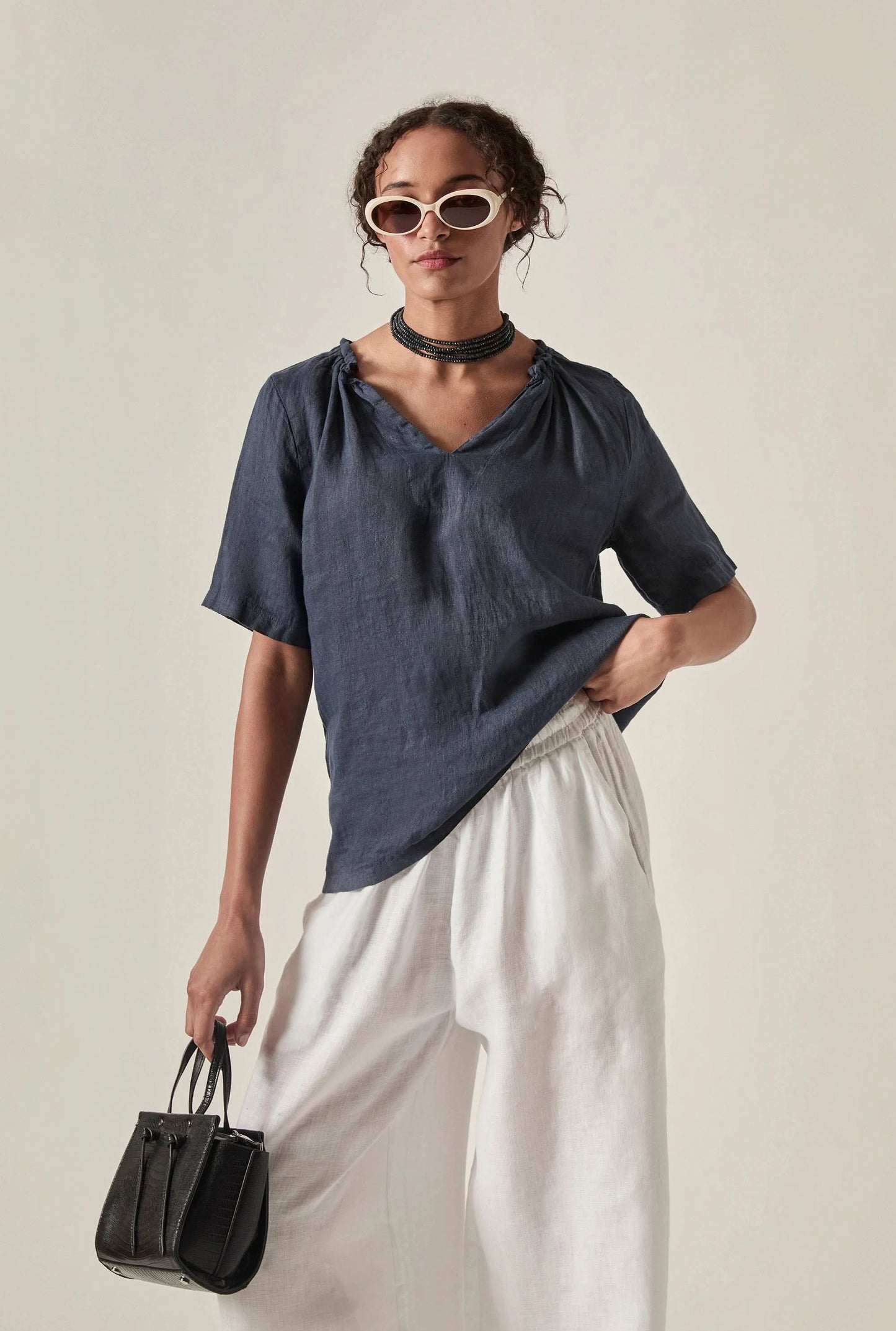 Navy Pure Linen Blouse
