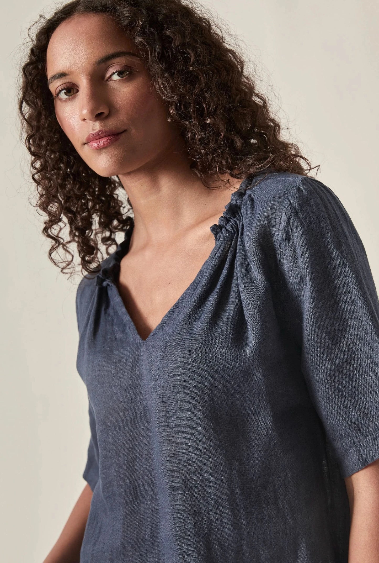 Navy Pure Linen Blouse