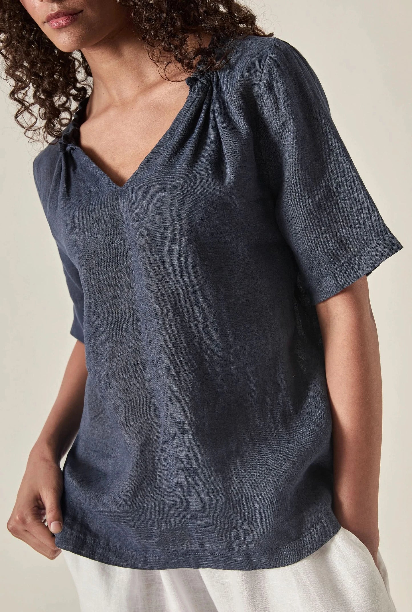 Navy Pure Linen Blouse