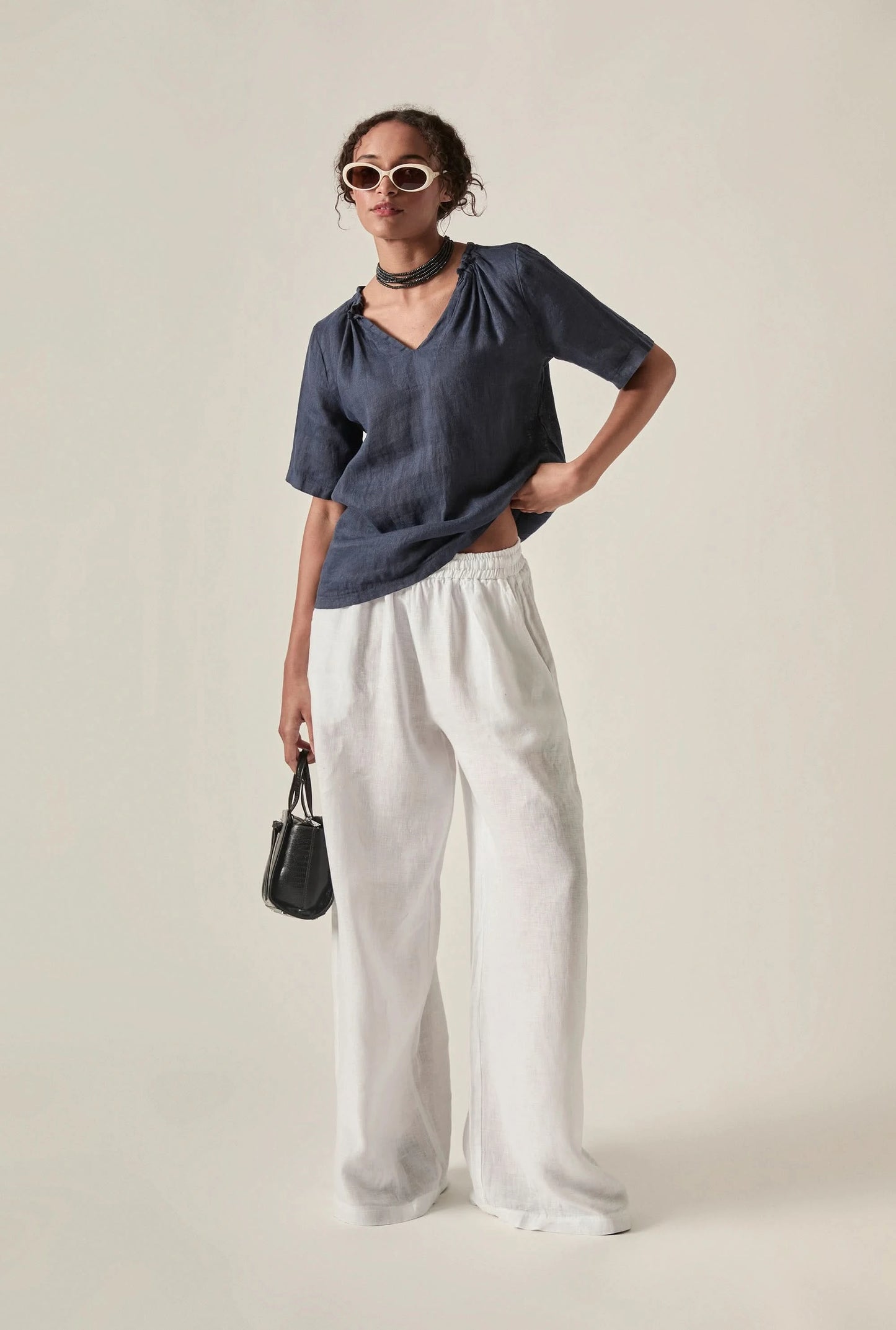 Navy Pure Linen Blouse