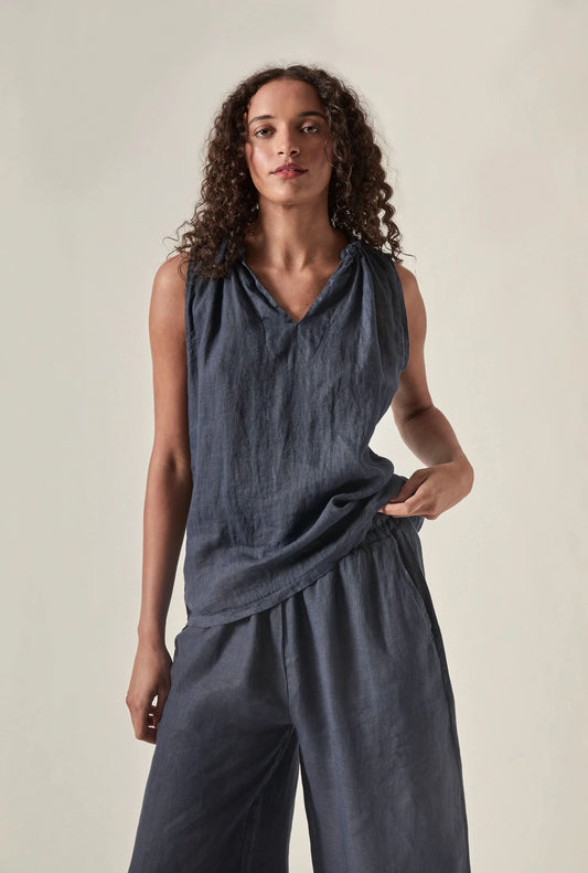 Navy Pure Linen Sleeveless Top