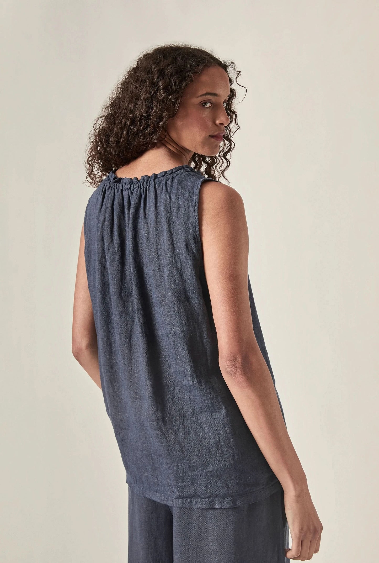 Navy Pure Linen Sleeveless Top