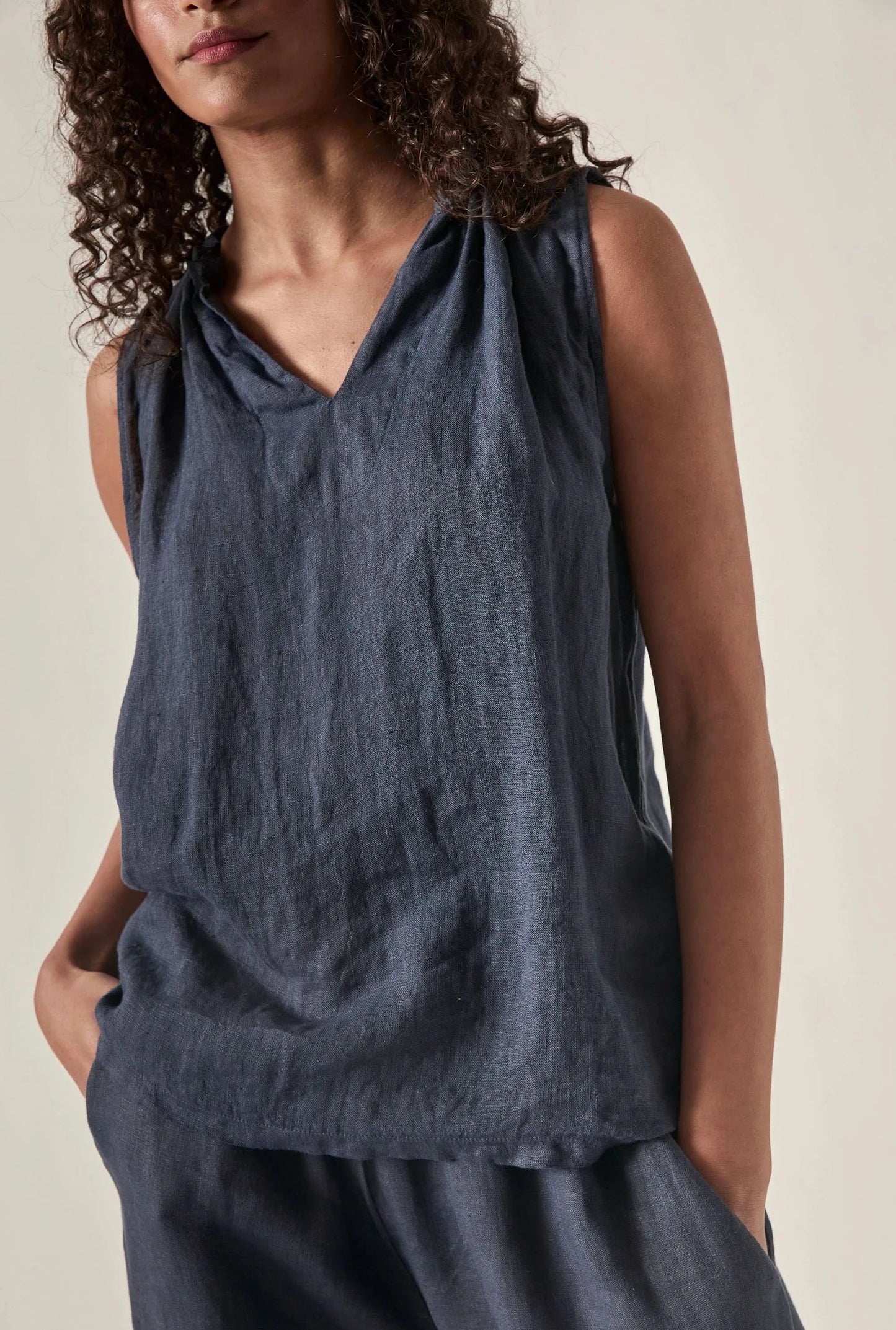 Navy Pure Linen Sleeveless Top