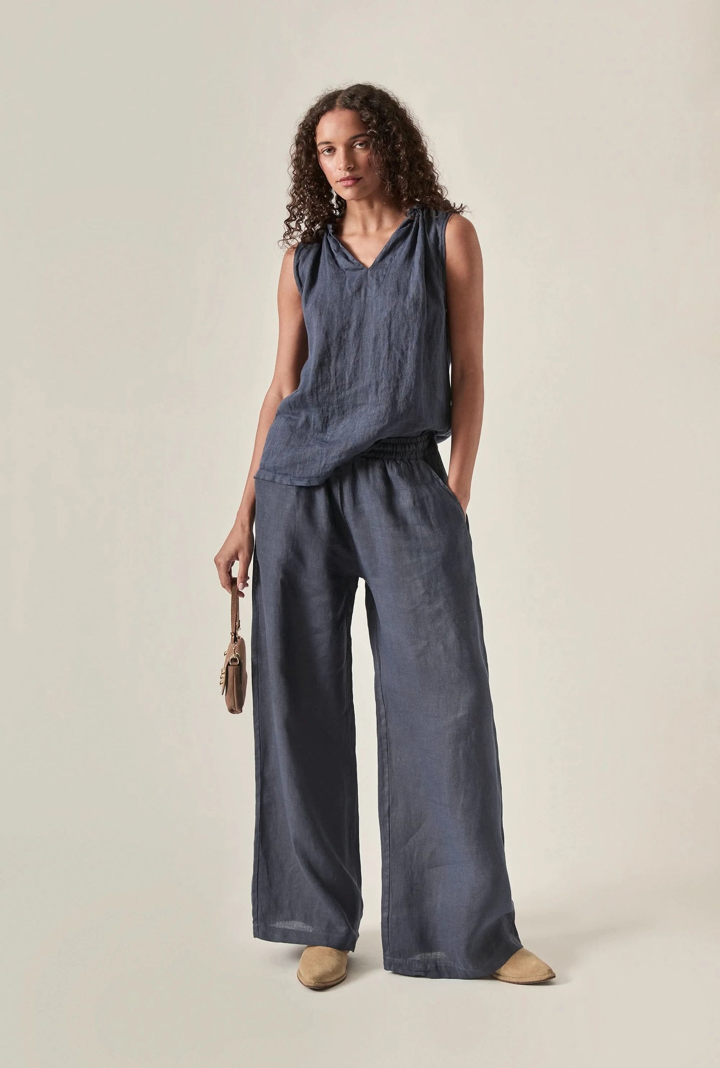 Navy Pure Linen Sleeveless Top