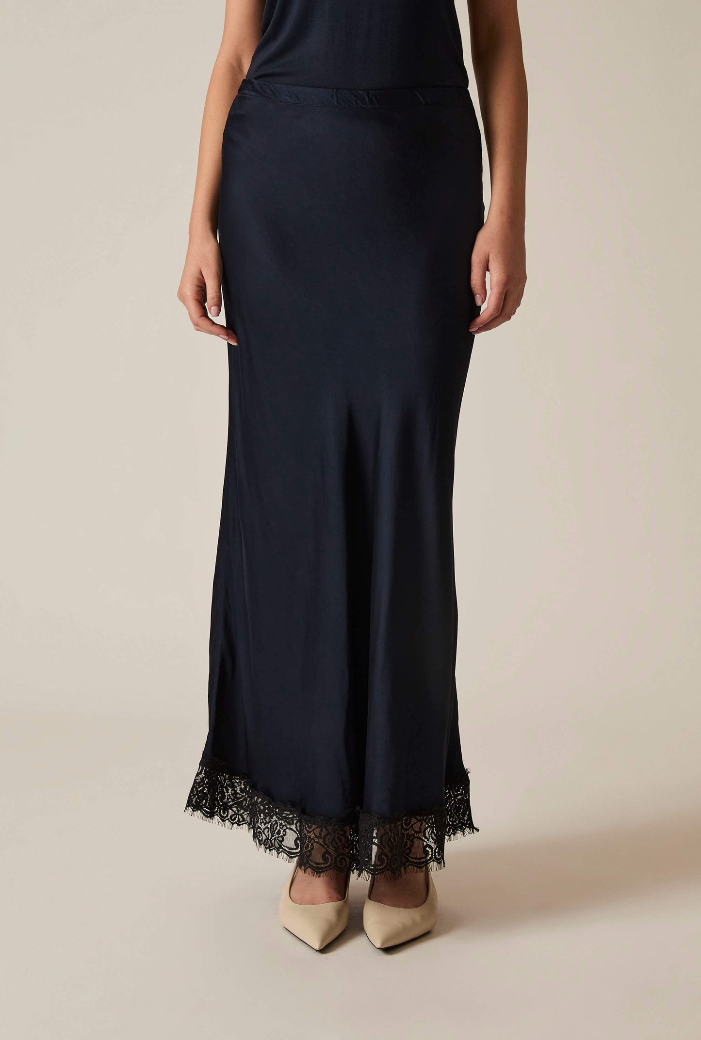 Navy Satin Lace Maxi Skirt