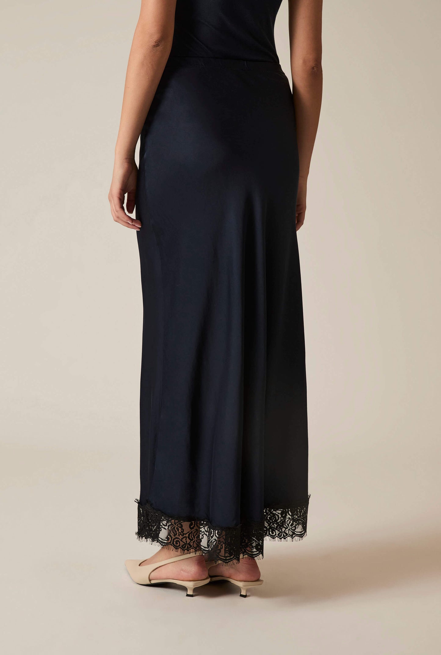 Navy Satin Lace Maxi Skirt
