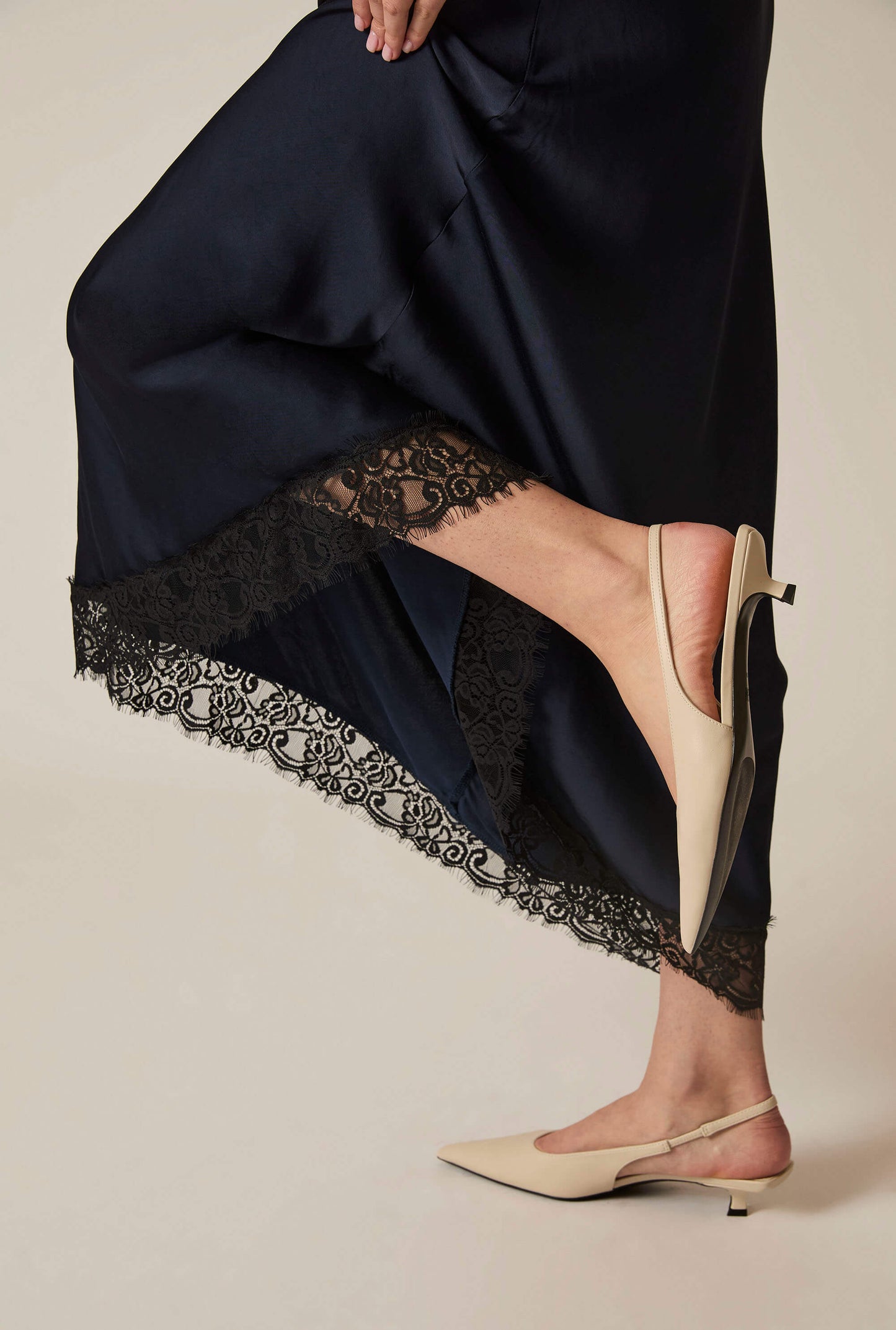 Navy Satin Lace Maxi Skirt