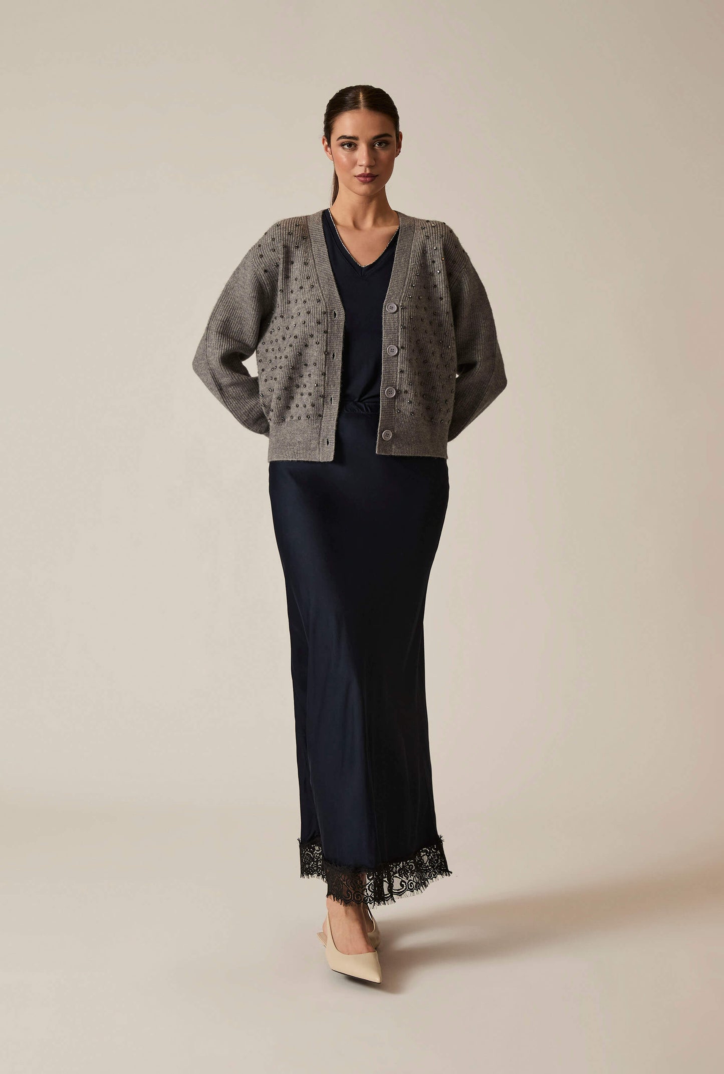 Navy Satin Lace Maxi Skirt