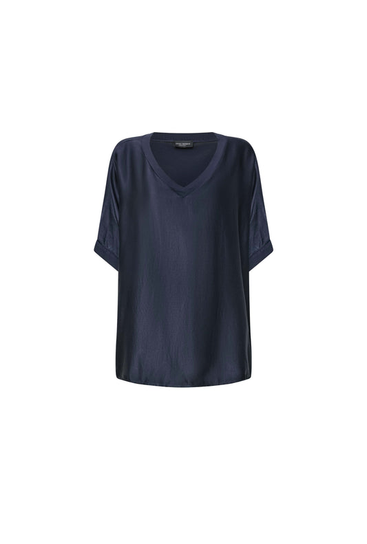 Navy Satin Short-Sleeve Top