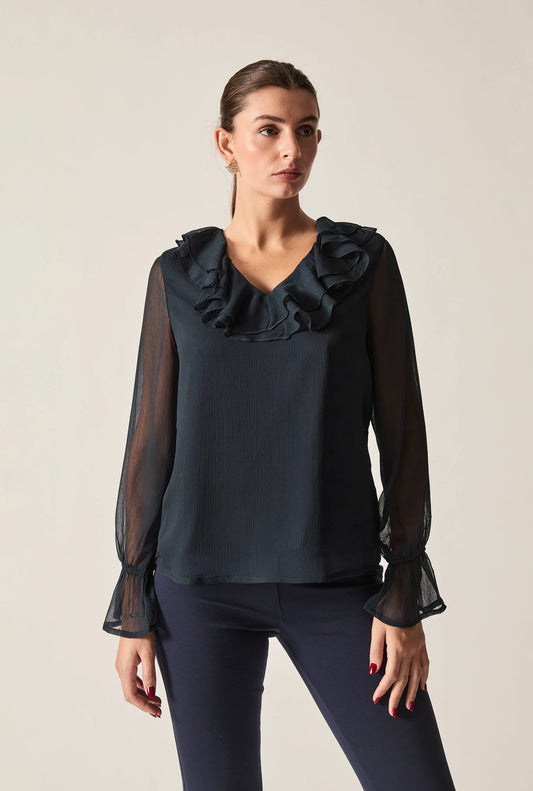 Navy Sheer-Sleeve Ruffle Blouse
