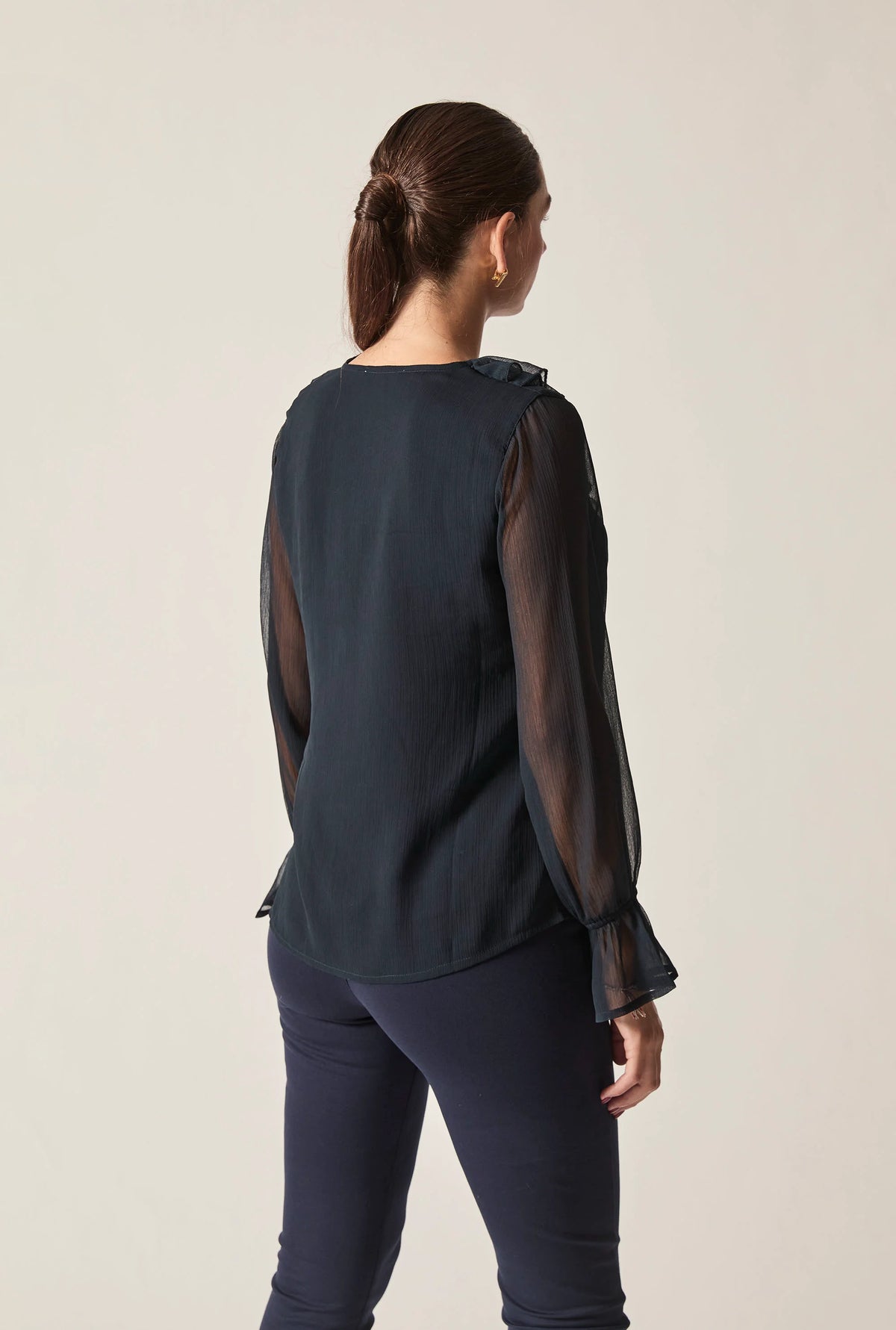 Navy Sheer-Sleeve Ruffle Blouse