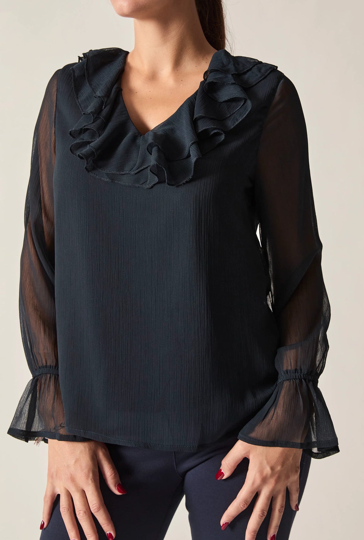 Navy Sheer-Sleeve Ruffle Blouse