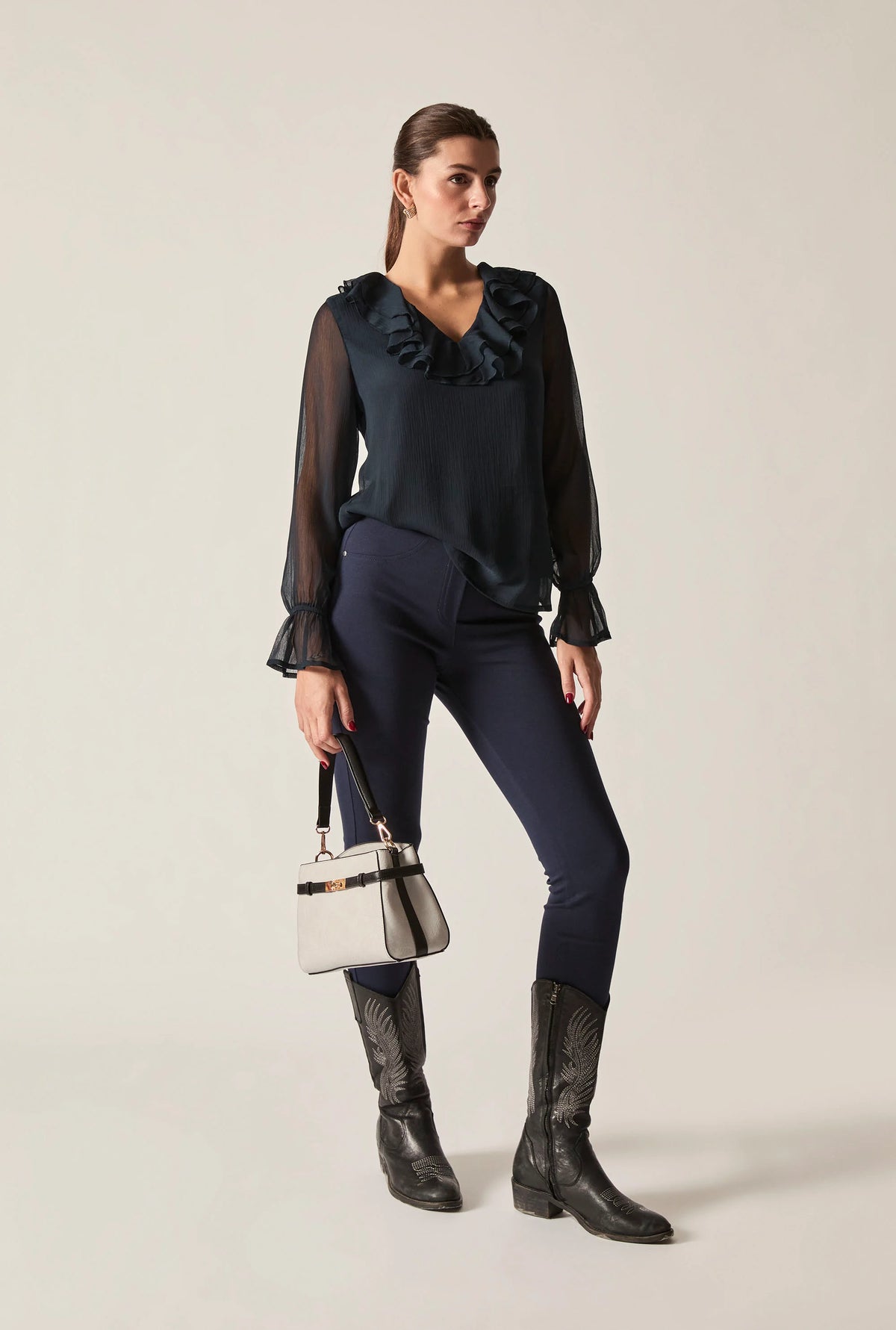 Navy Sheer-Sleeve Ruffle Blouse
