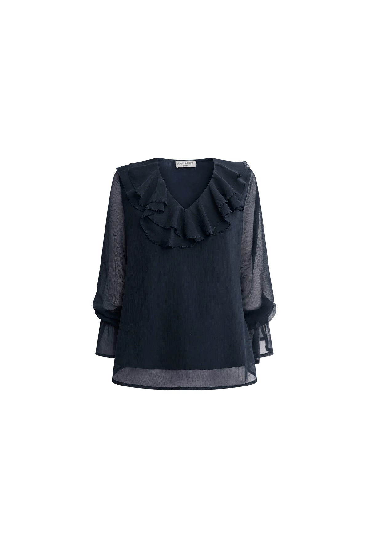 Navy Sheer-Sleeve Ruffle Blouse