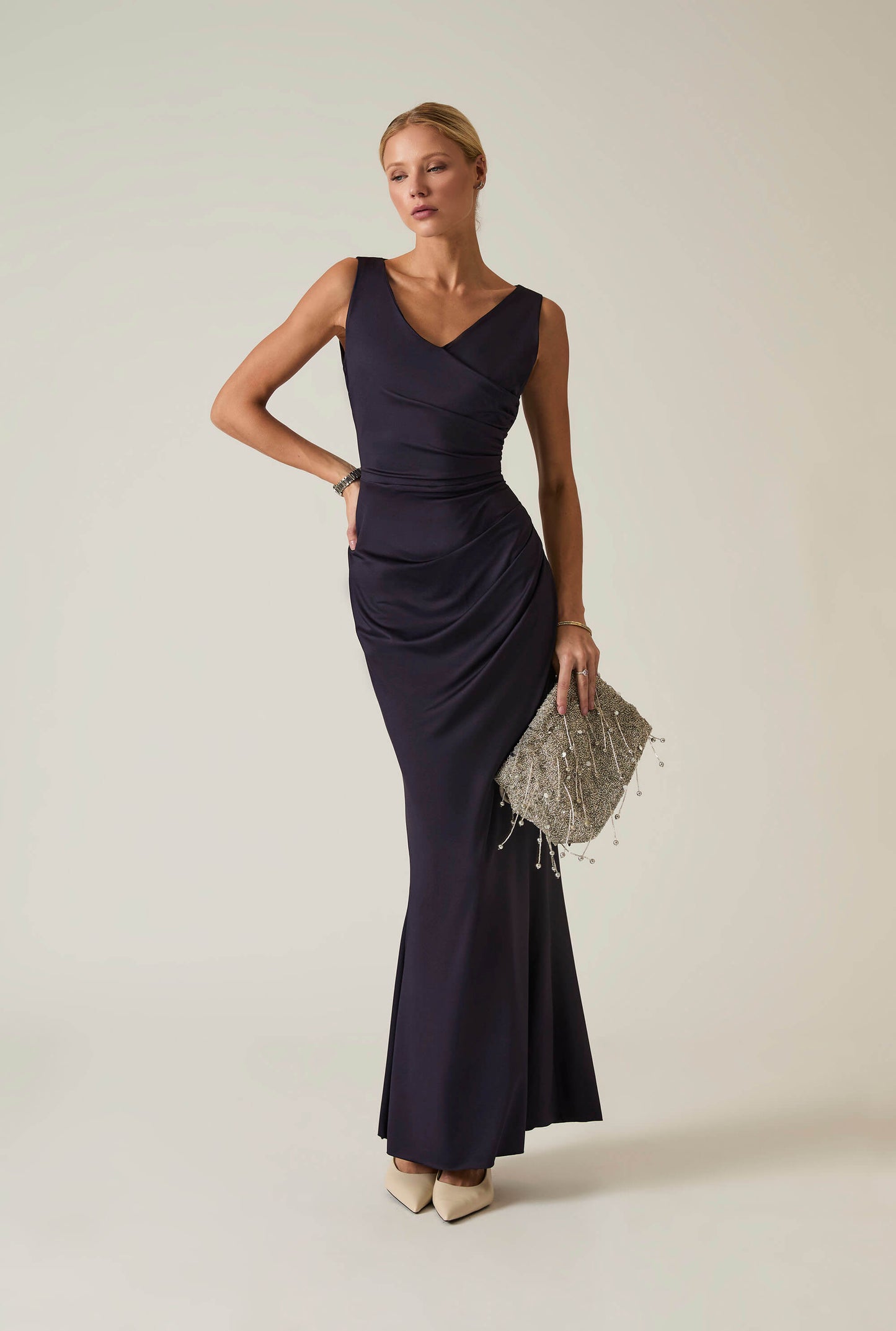 Navy Sleeveless Gathered Maxi Dress