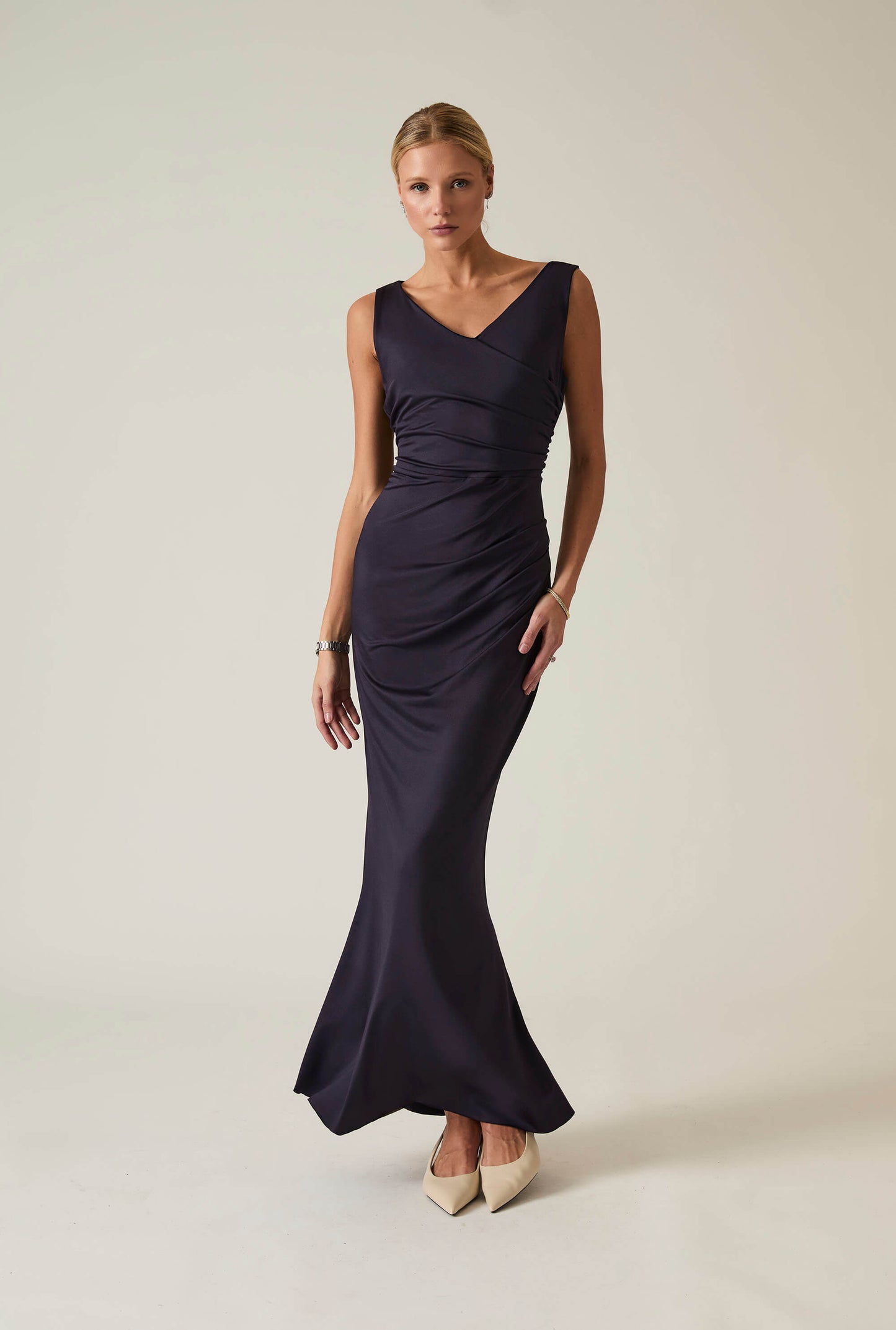 Navy Sleeveless Gathered Maxi Dress