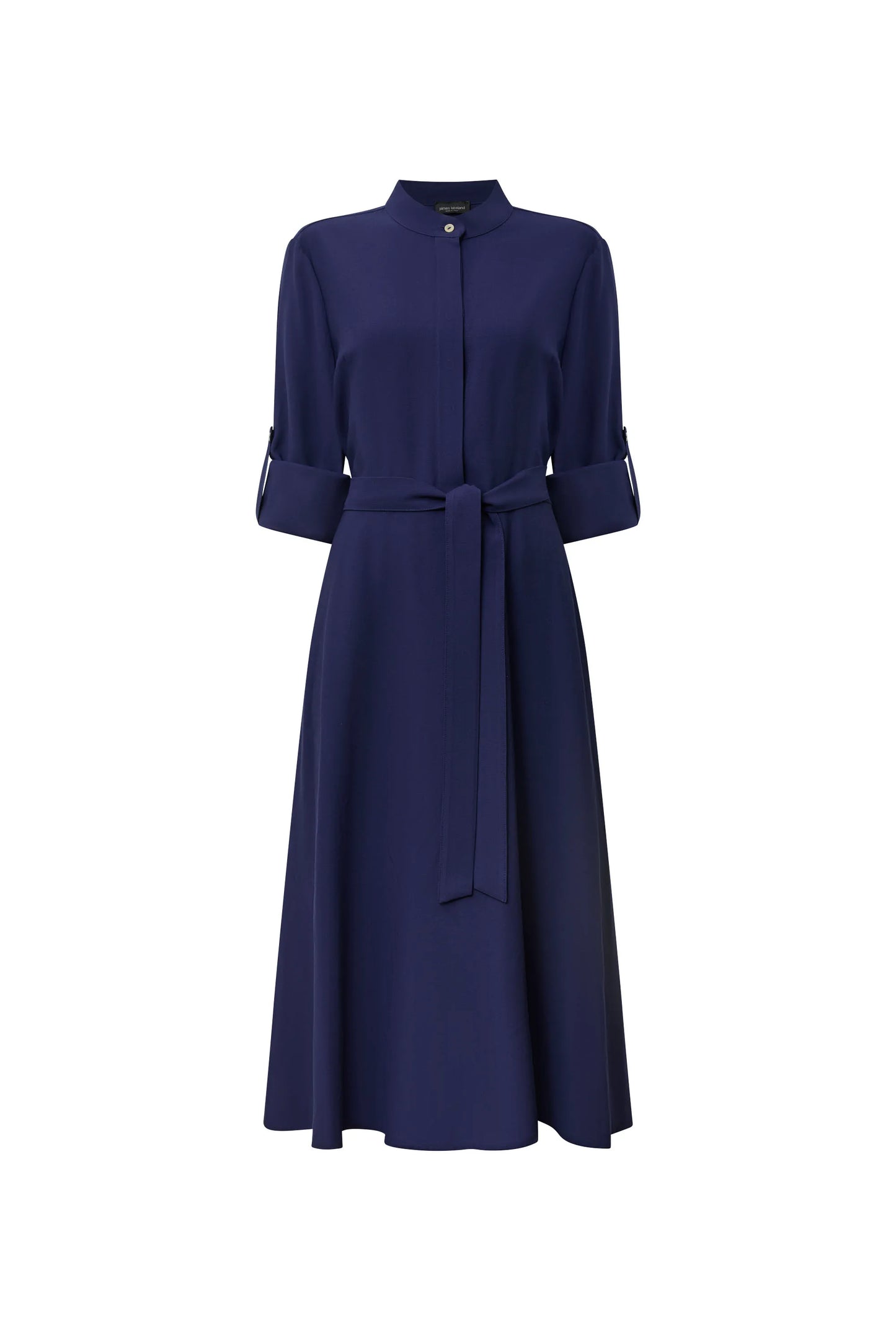 Navy tie‑waist midi dress displayed on an invisible mannequin against a white background.