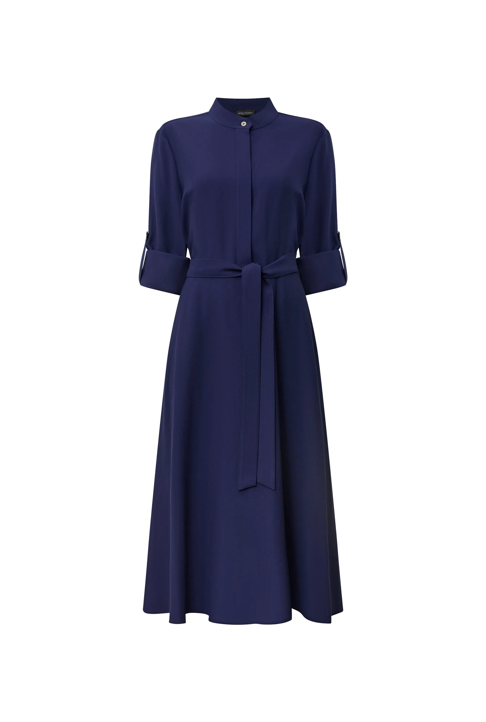 Navy tie‑waist midi dress displayed on an invisible mannequin against a white background.