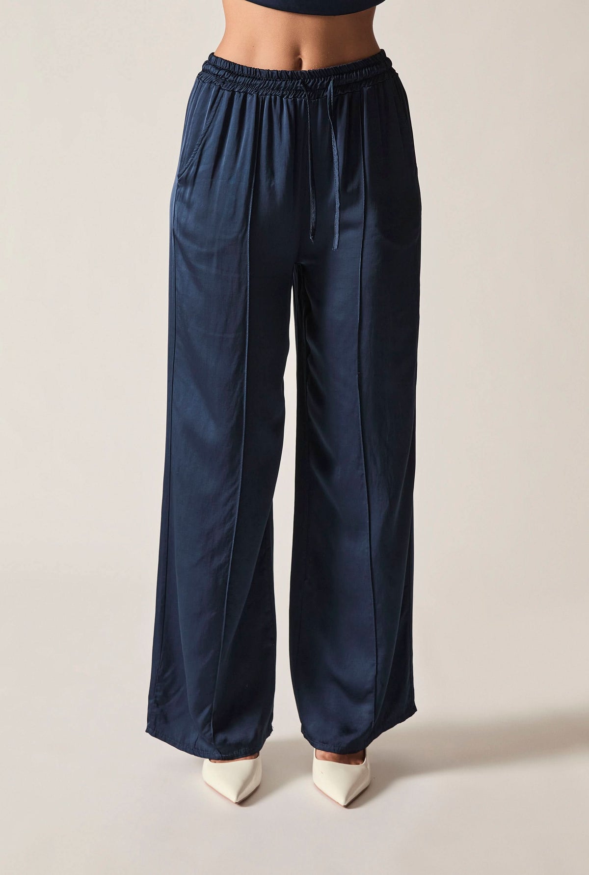 Navy Wide-Leg Drawstring Trousers