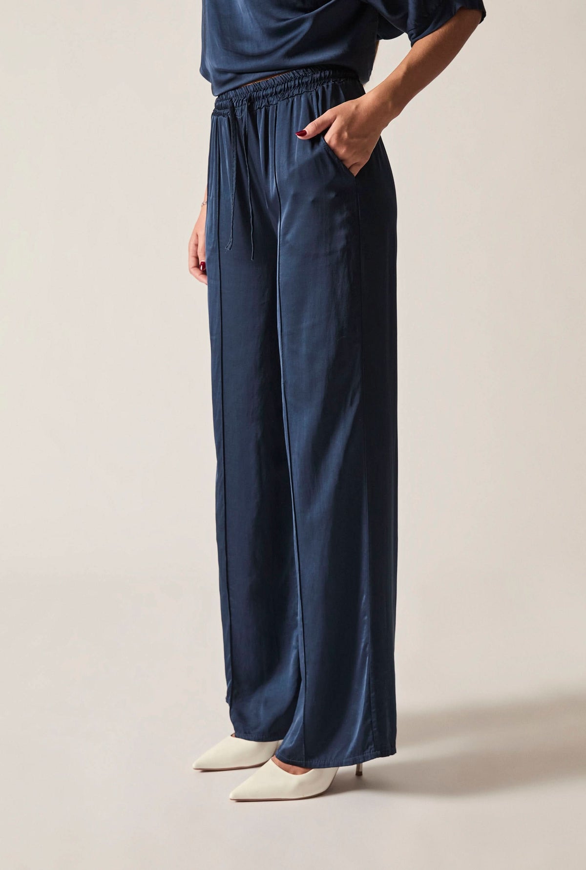 Navy Wide-Leg Drawstring Trousers