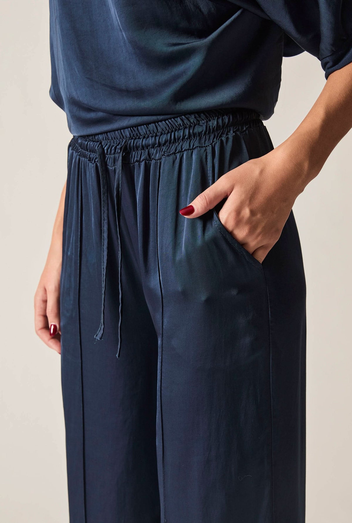 Navy Wide-Leg Drawstring Trousers