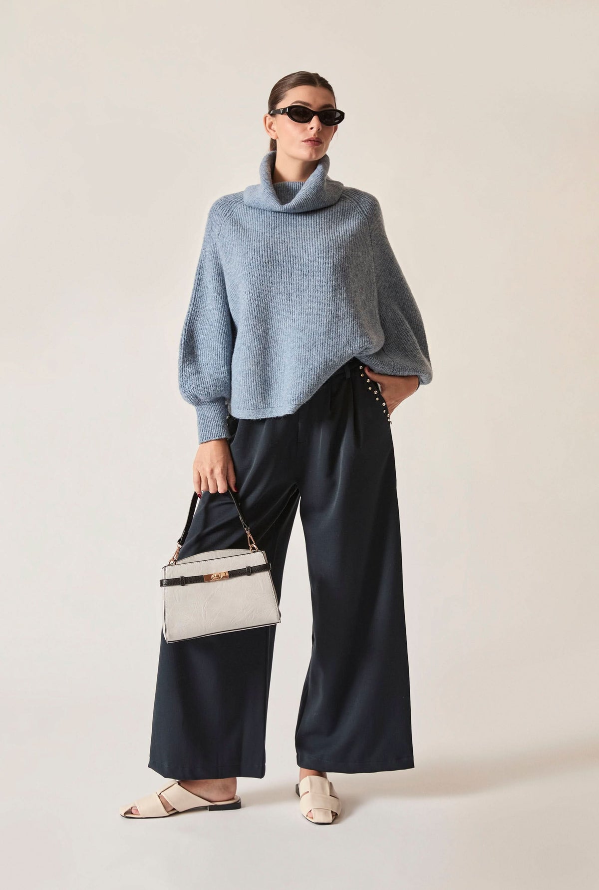 Pale Blue Balloon Sleeve Roll Neck Jumper