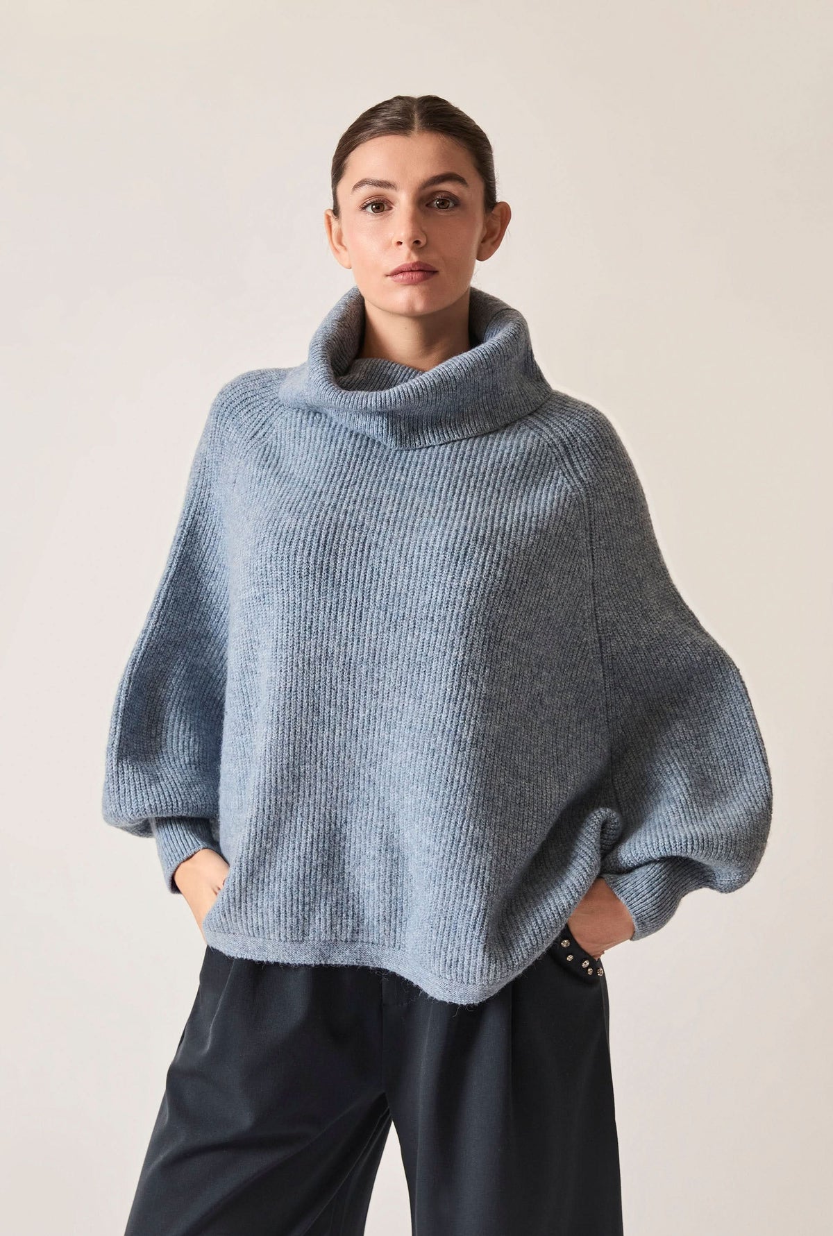 Pale Blue Balloon Sleeve Roll Neck Jumper