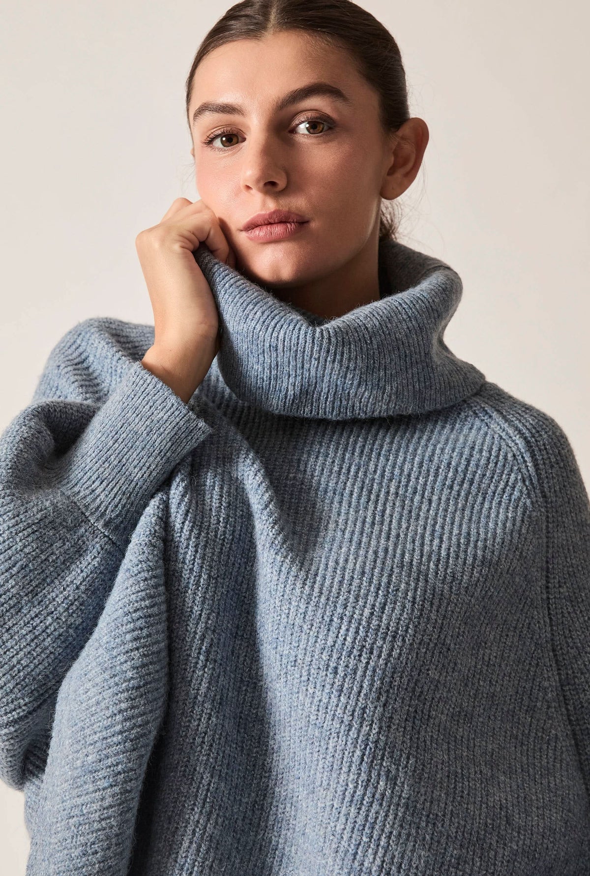 Pale Blue Balloon Sleeve Roll Neck Jumper