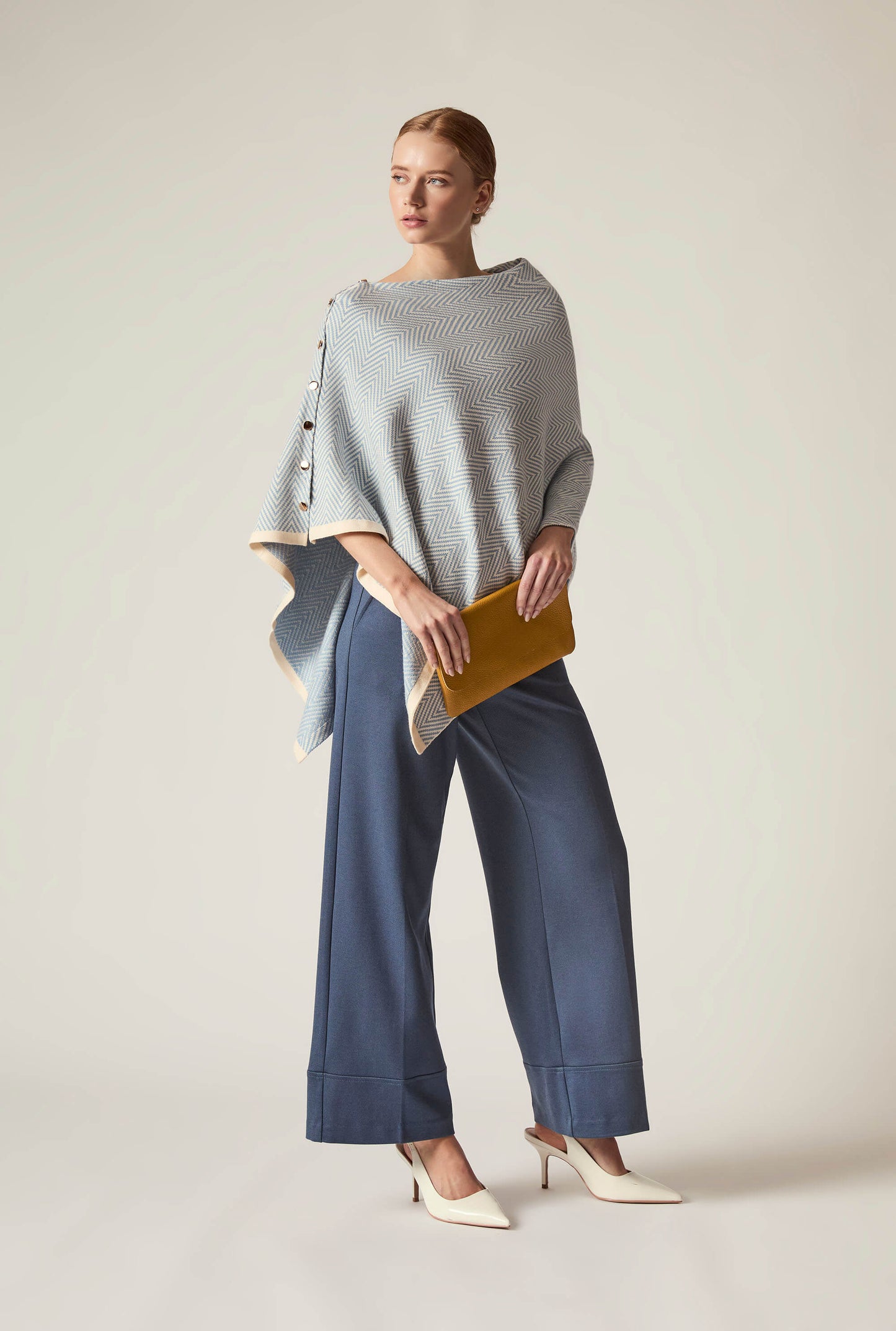 Pale Blue Chevron Button Poncho