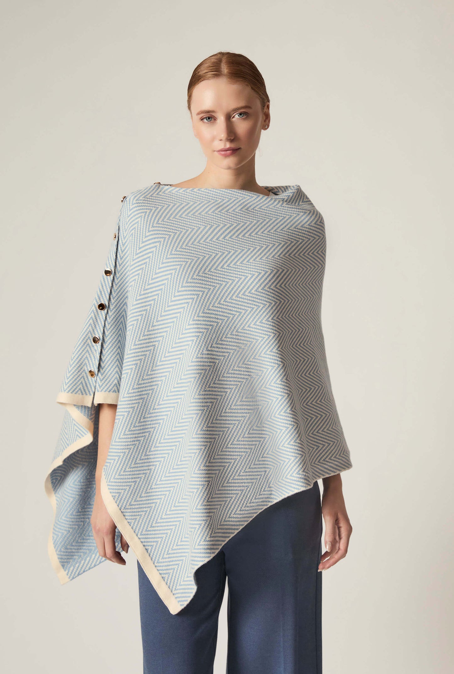 Pale Blue Chevron Button Poncho
