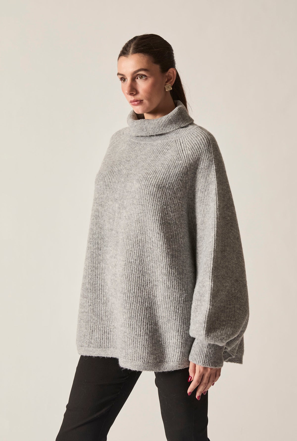 Pale Grey Balloon Sleeve Roll Neck Jumper