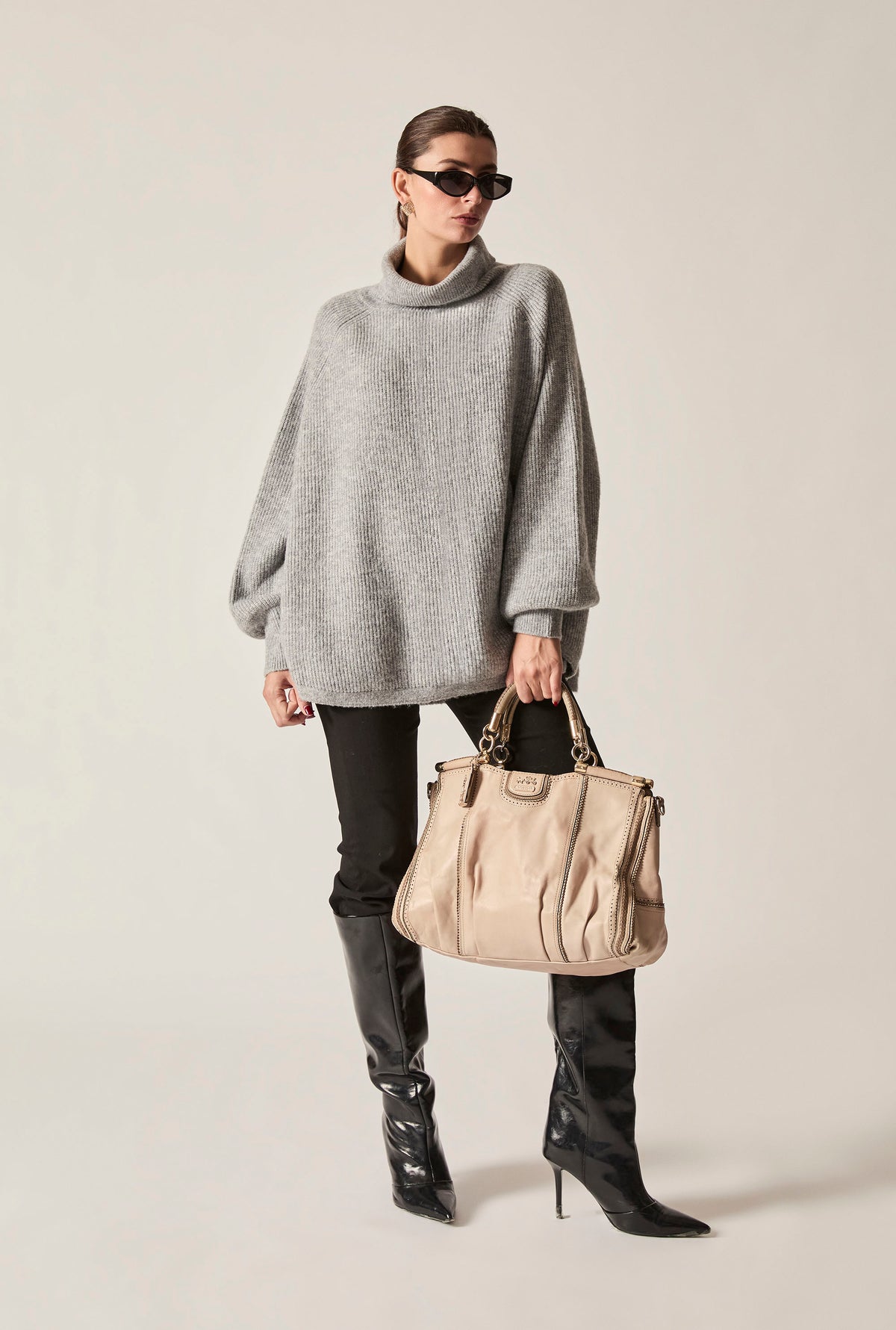 Pale Grey Balloon Sleeve Roll Neck Jumper