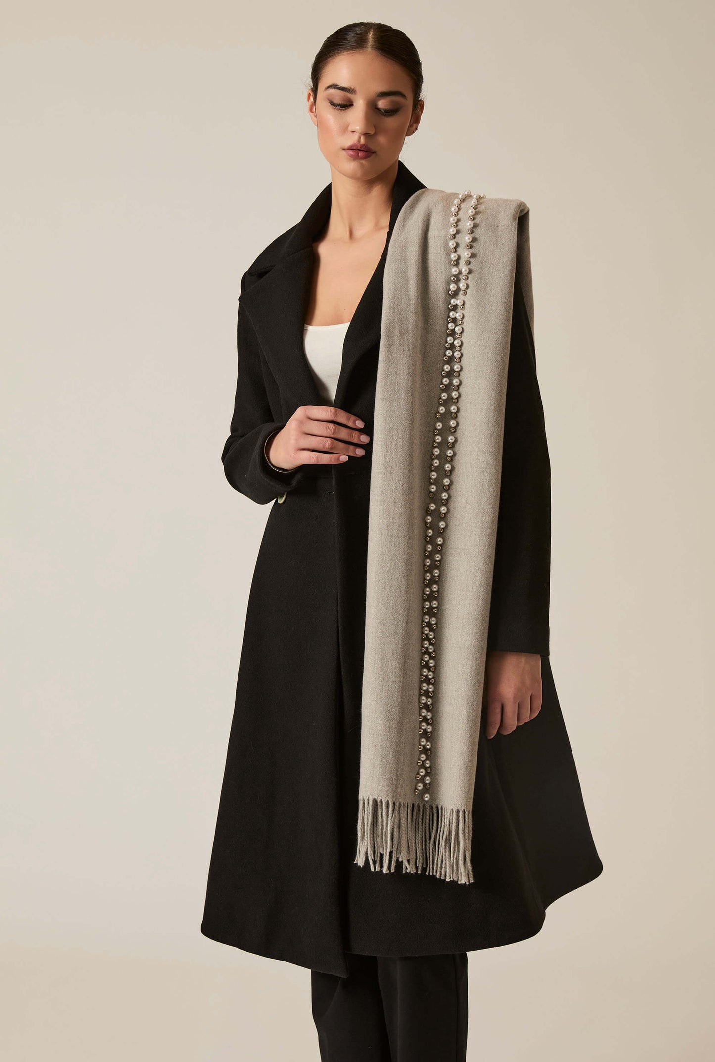 Pale Grey Pearl Detail Scarf